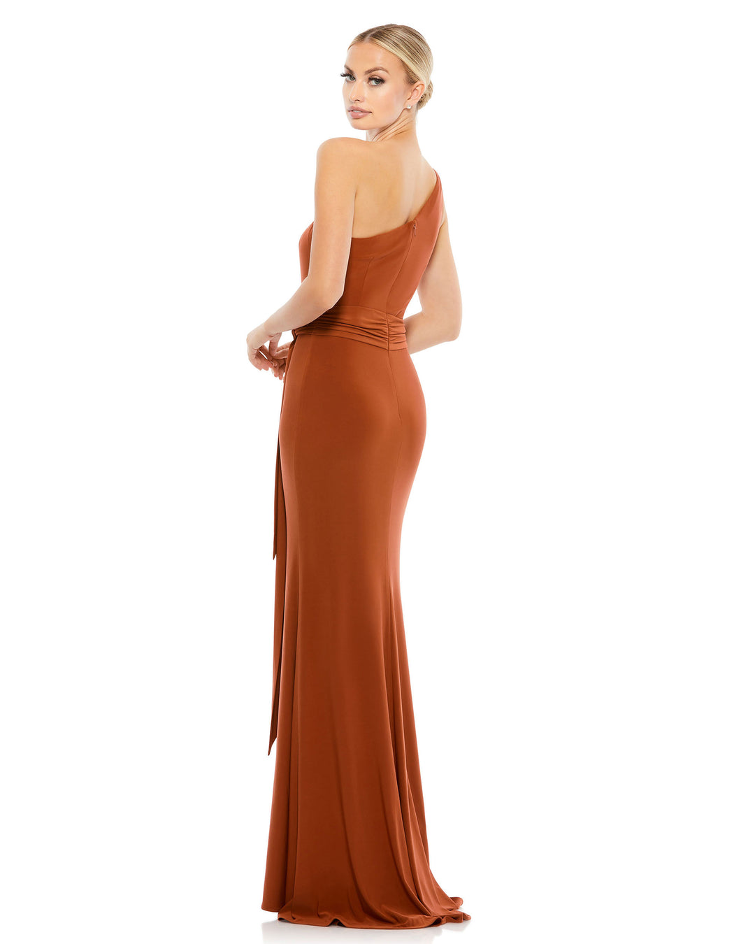 Jersey One Shoulder Belted Trumpet Gown – Mac Duggal