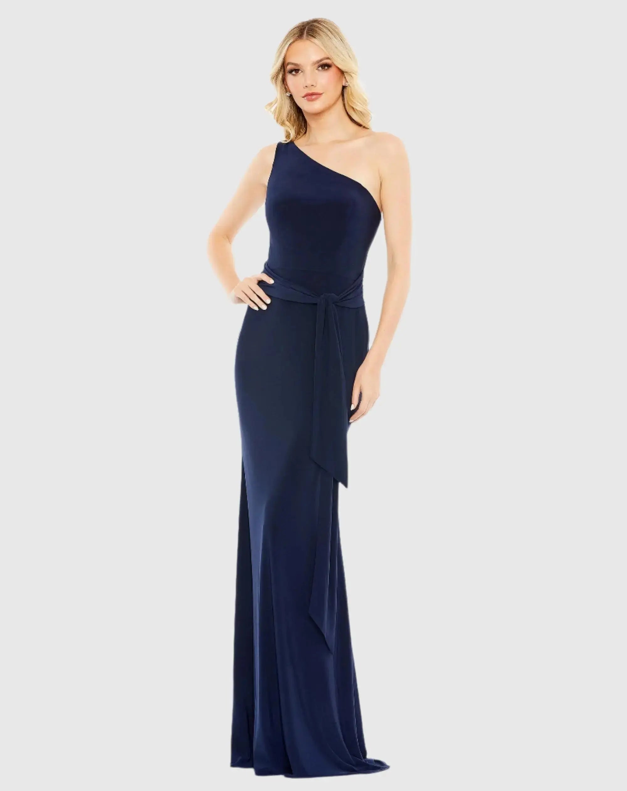 Navy Jersey One Shoulder Belted Trumpet Gown - Ieena for Mac Duggal