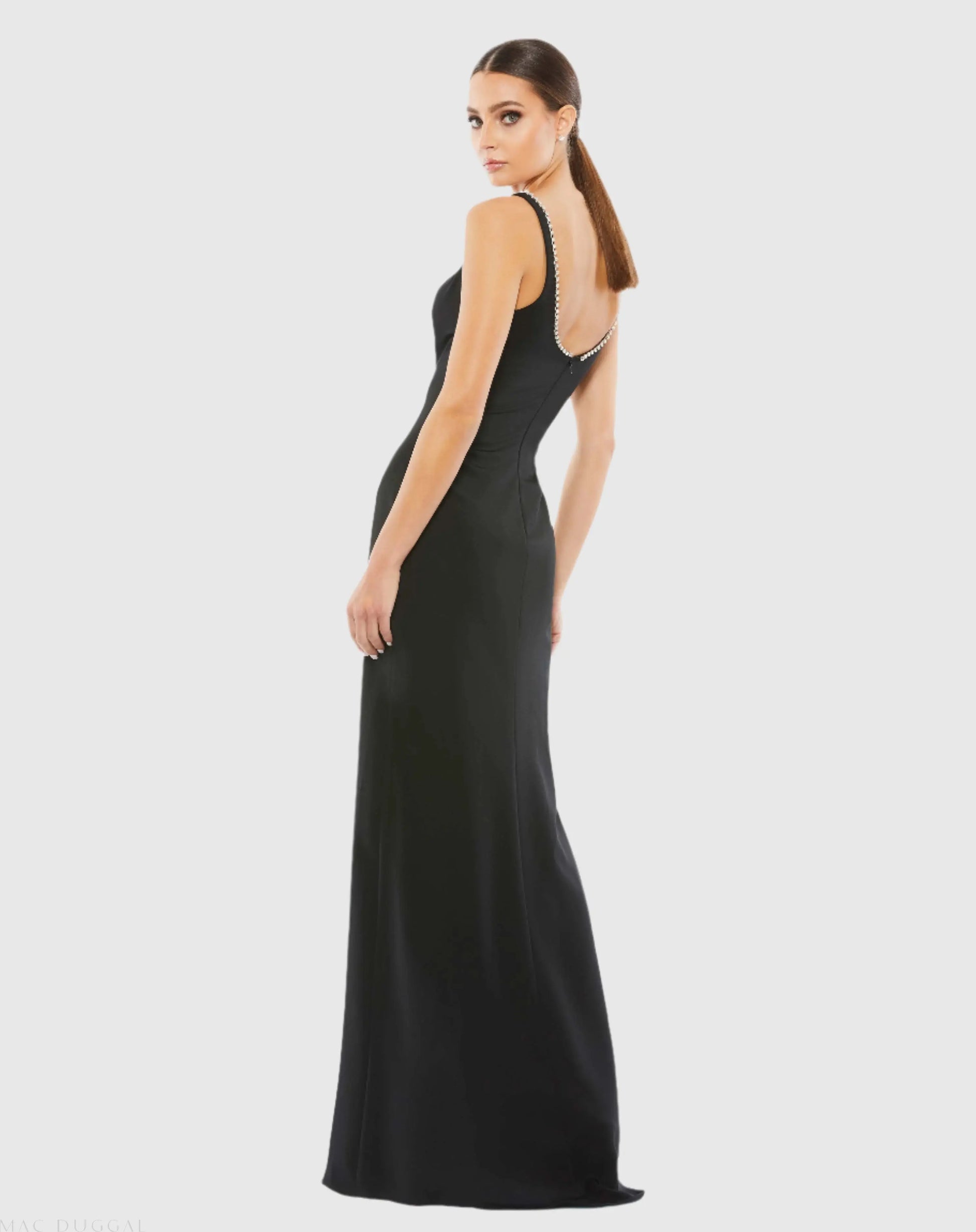 Black Sleeveless Crystal Scoop Neckline Column Gown with High Slit - Mac Duggal