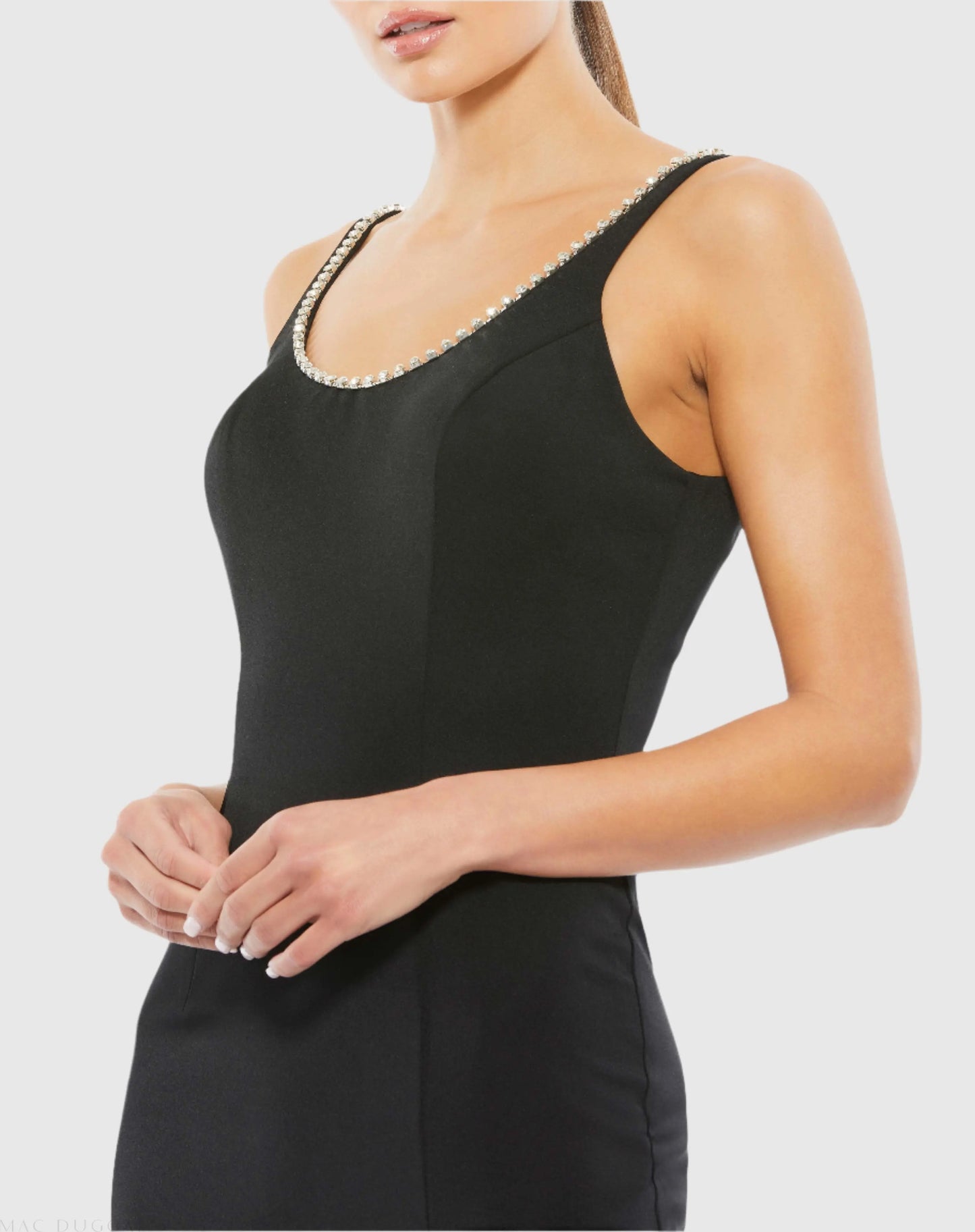 Black Sleeveless Crystal Scoop Neckline Column Gown with High Slit - Mac Duggal