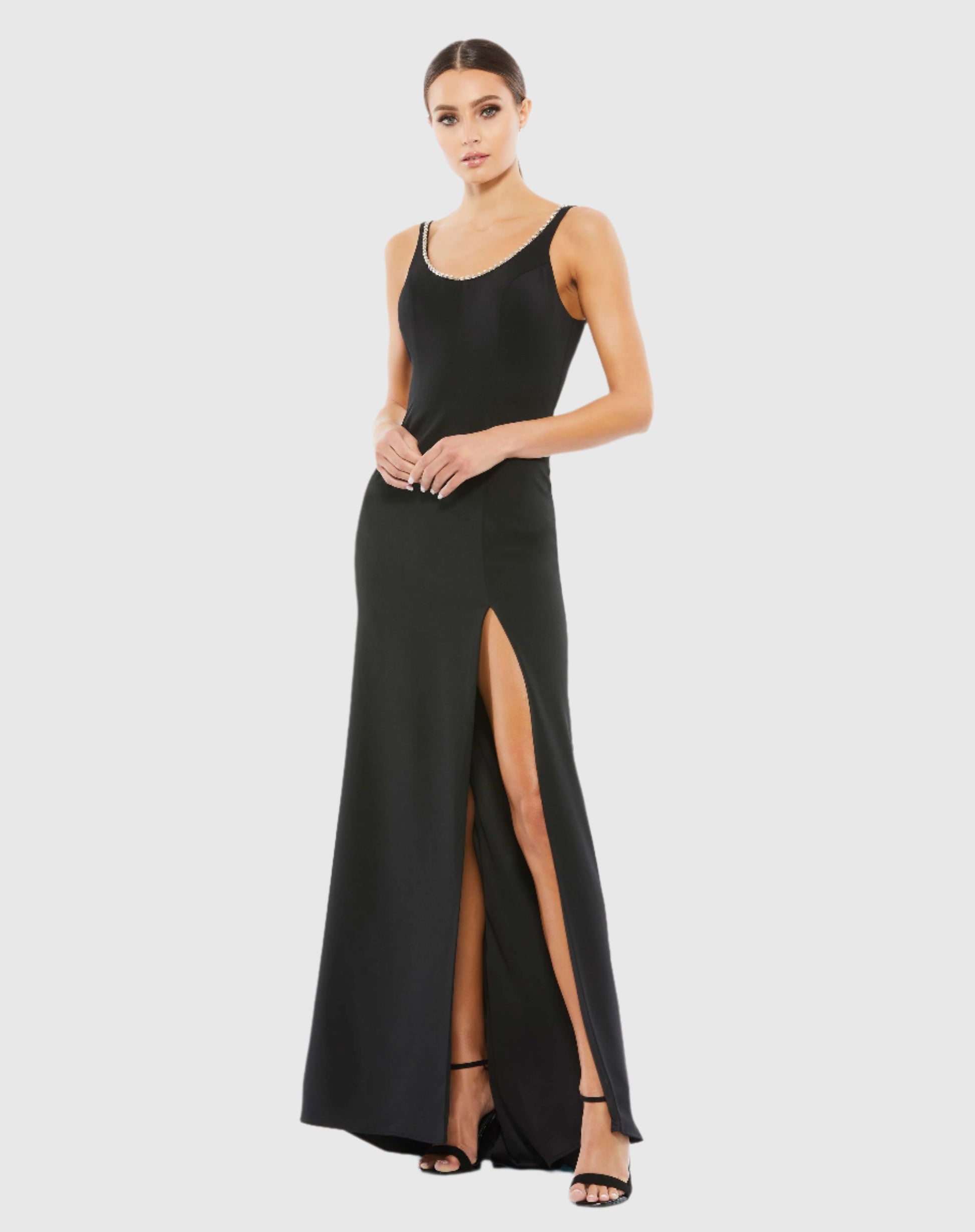 Sleeveless Crystal Scoop Neckline Column Gown with High Slit