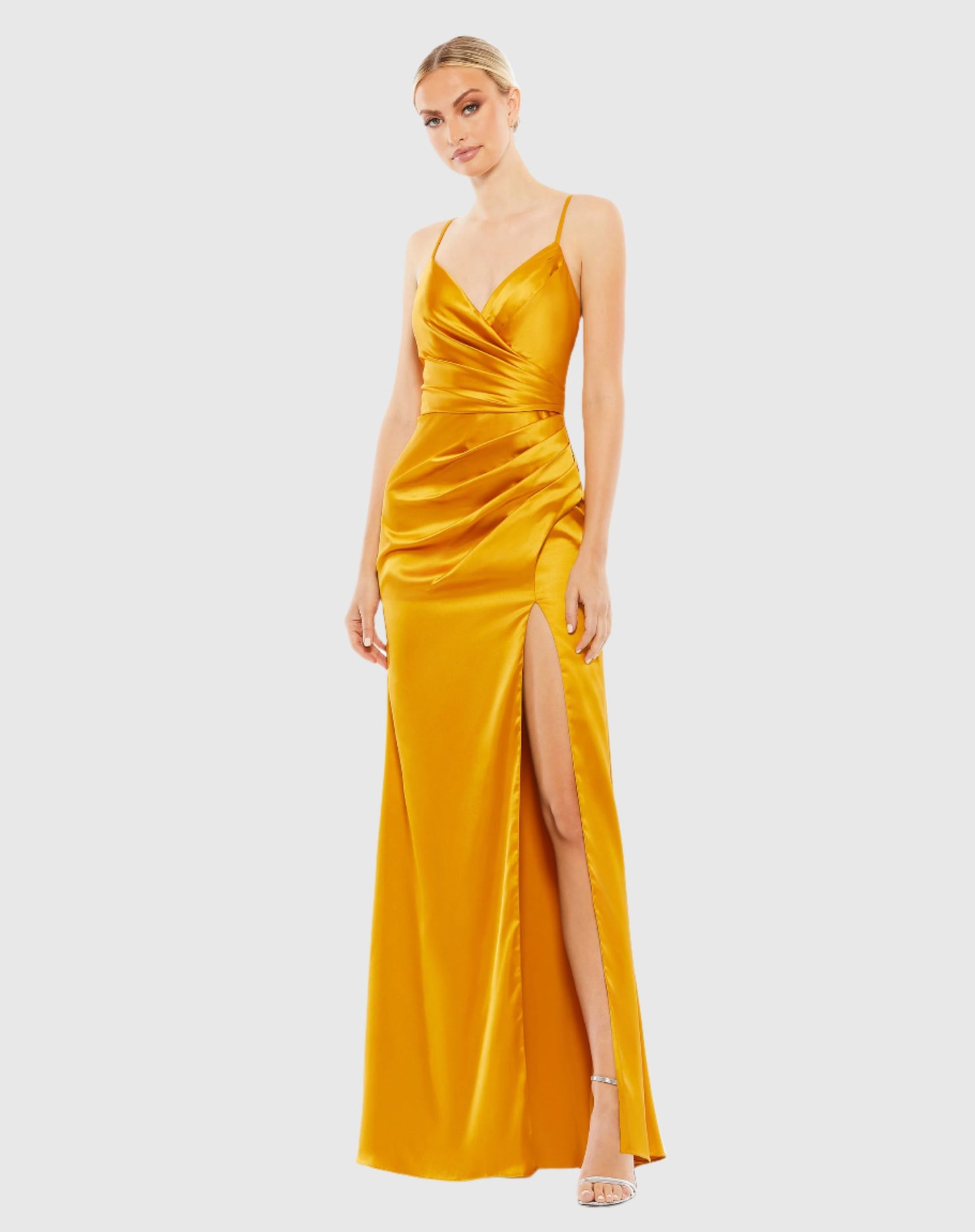 Satin Sleeveless Faux Wrap Ruched Gown 