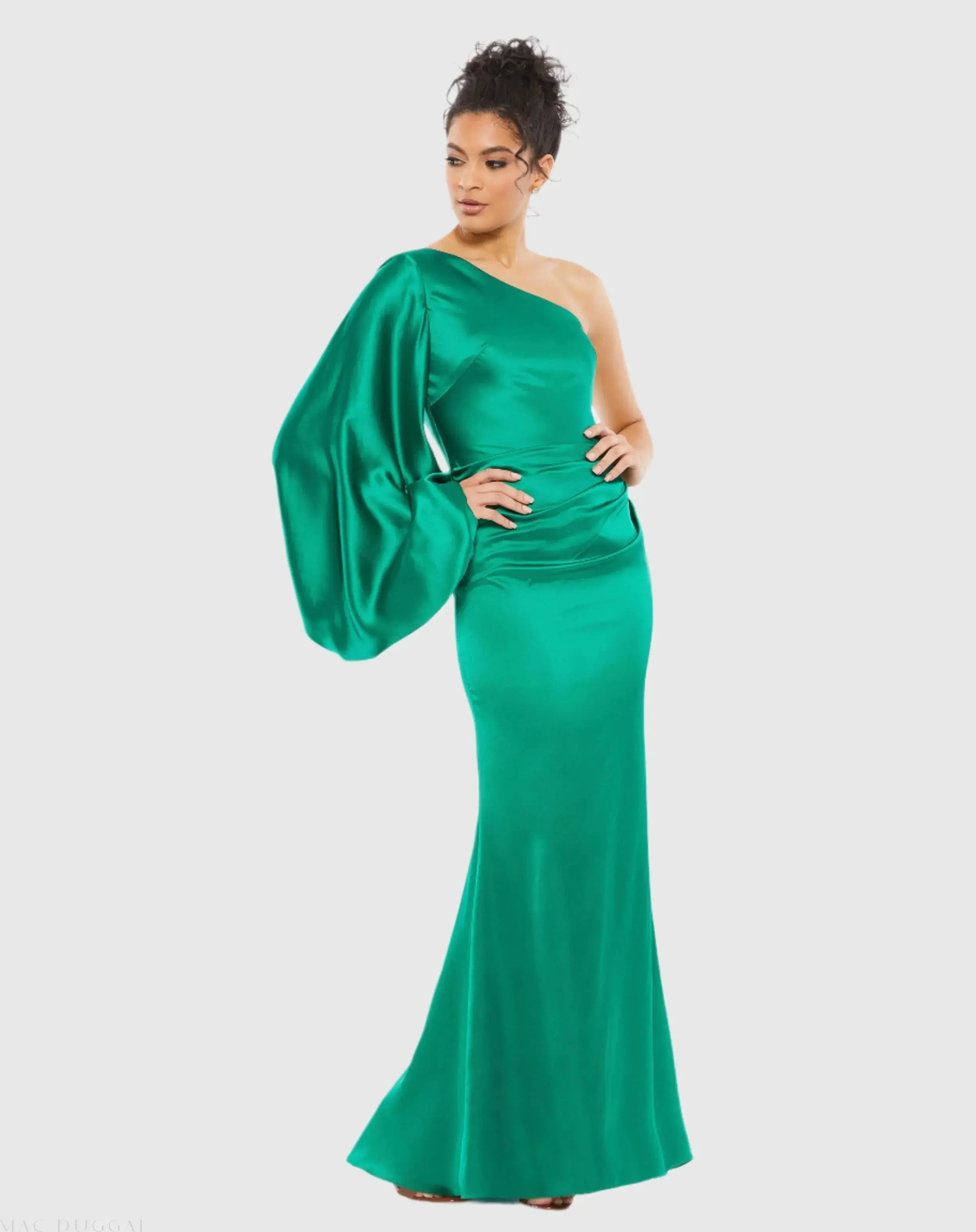 Green Satin Puff Sleeve Gown - Ieena for Mac Duggal