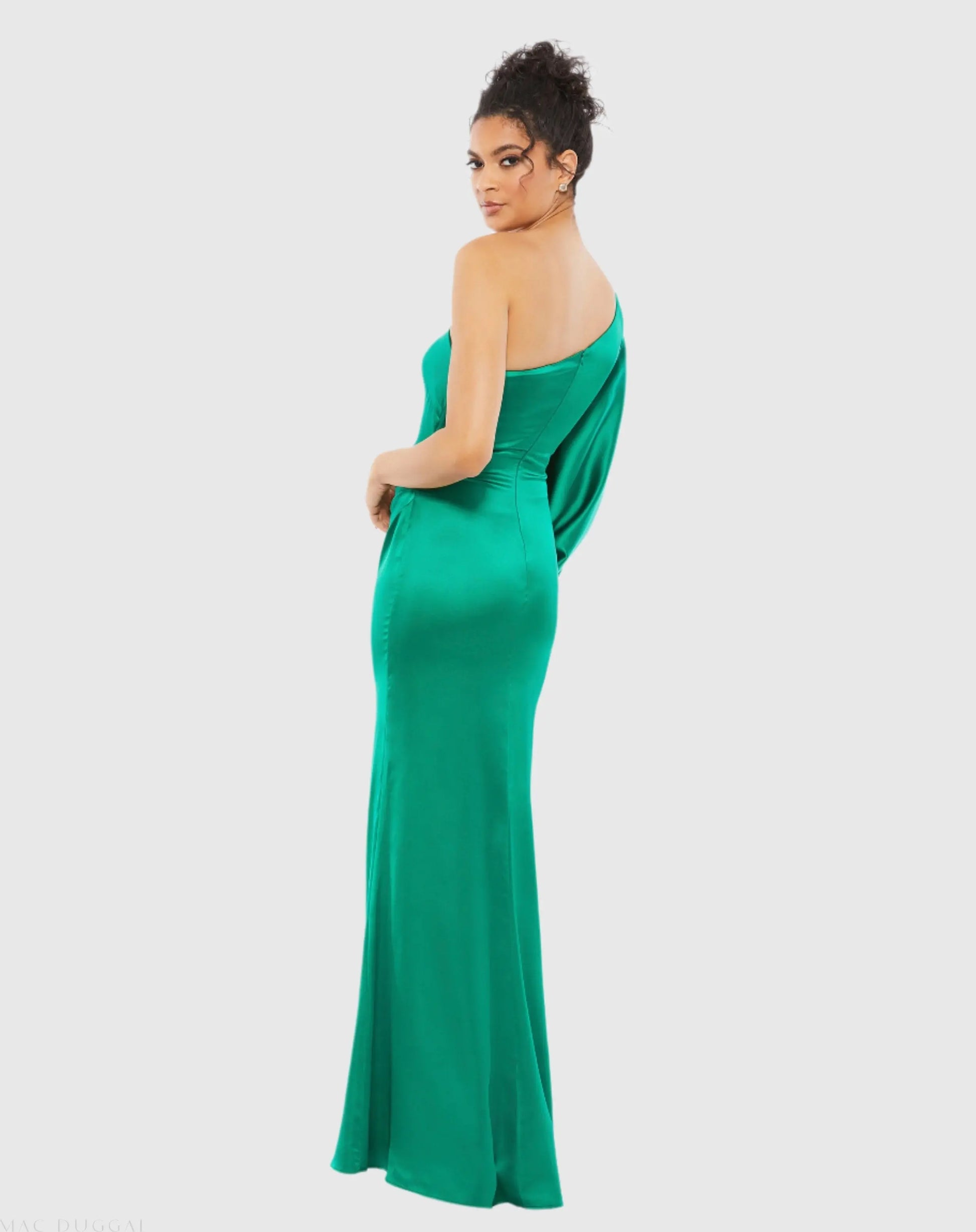 Green Satin Puff Sleeve Gown - Mac Duggal Green Satin Puff Sleeve Gown - Mac Duggal