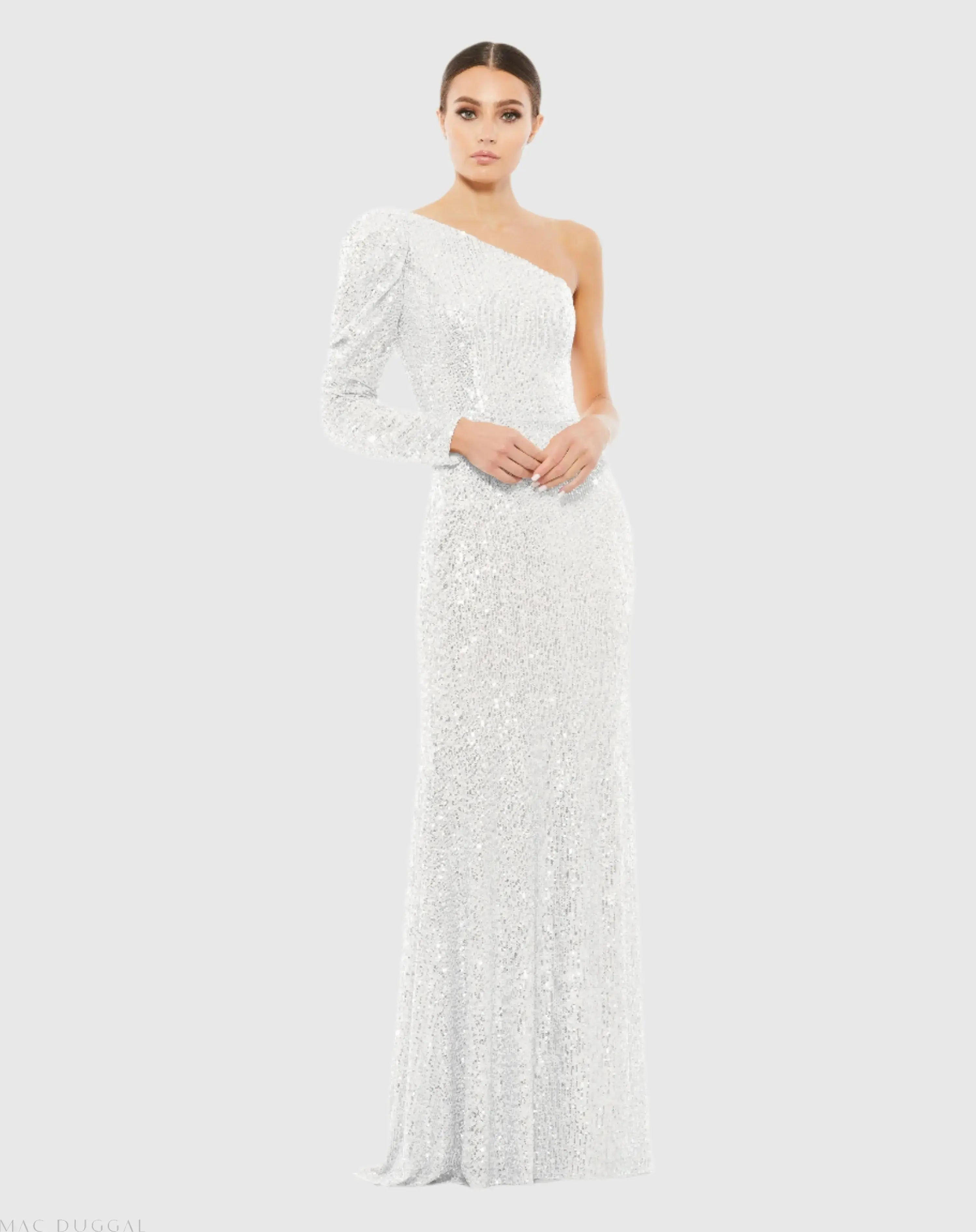 White Sequined One Shoulder Trumpet Gown - Ieena for Mac Duggal