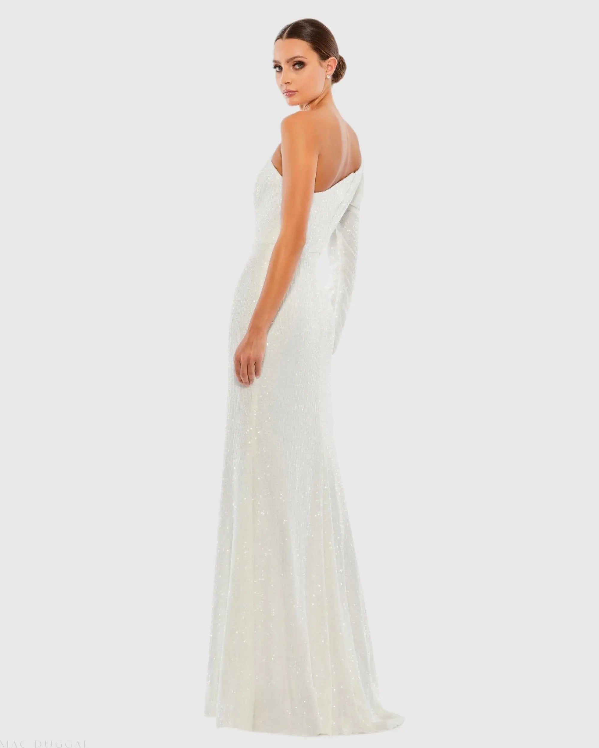 White Sequined One Shoulder Trumpet Gown - Ieena for Mac Duggal