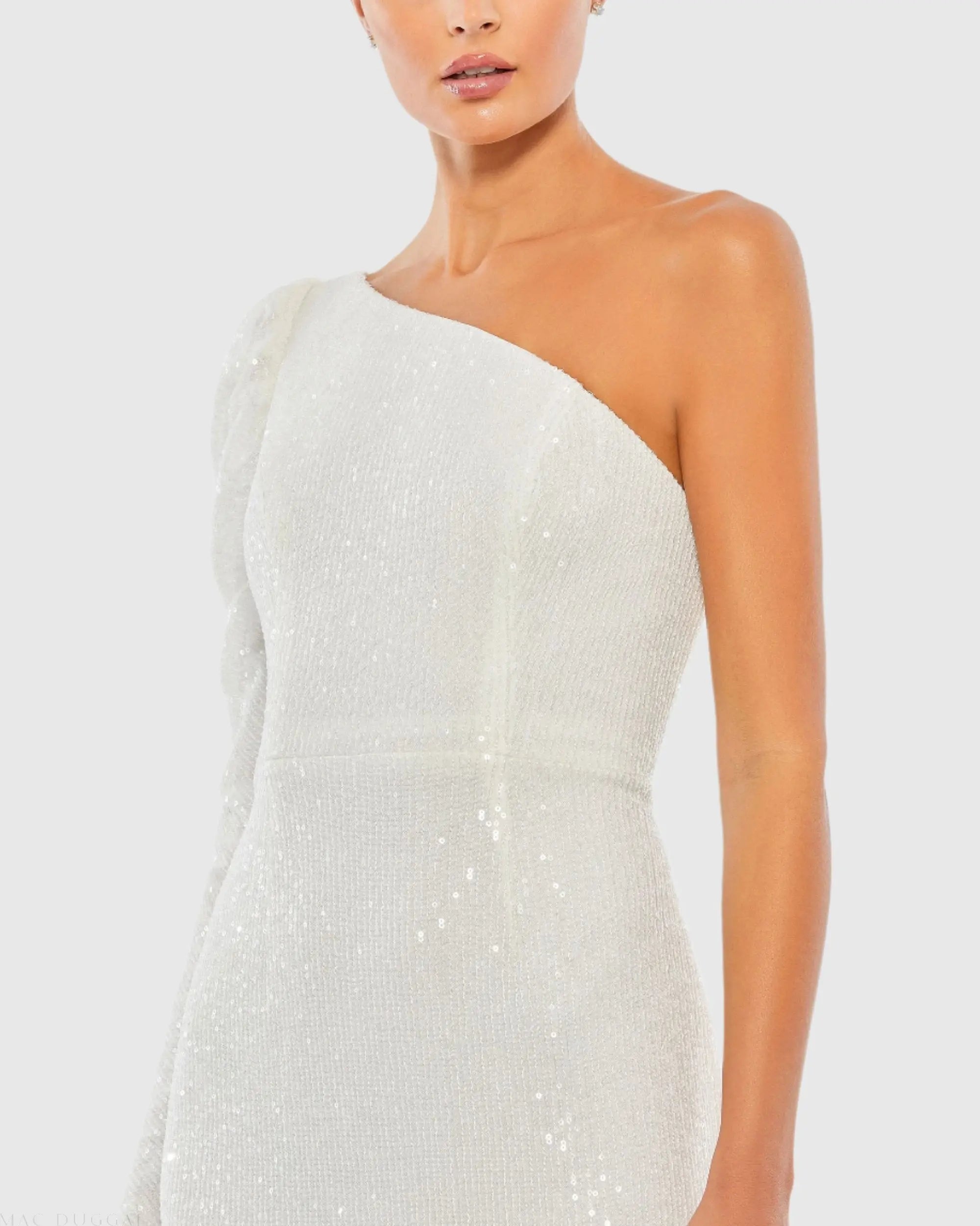 White Sequined One Shoulder Trumpet Gown - Ieena for Mac Duggal