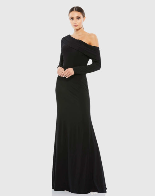 Black Drop Shoulder Long Sleeve Column Gown Ieena for Mac Duggal
