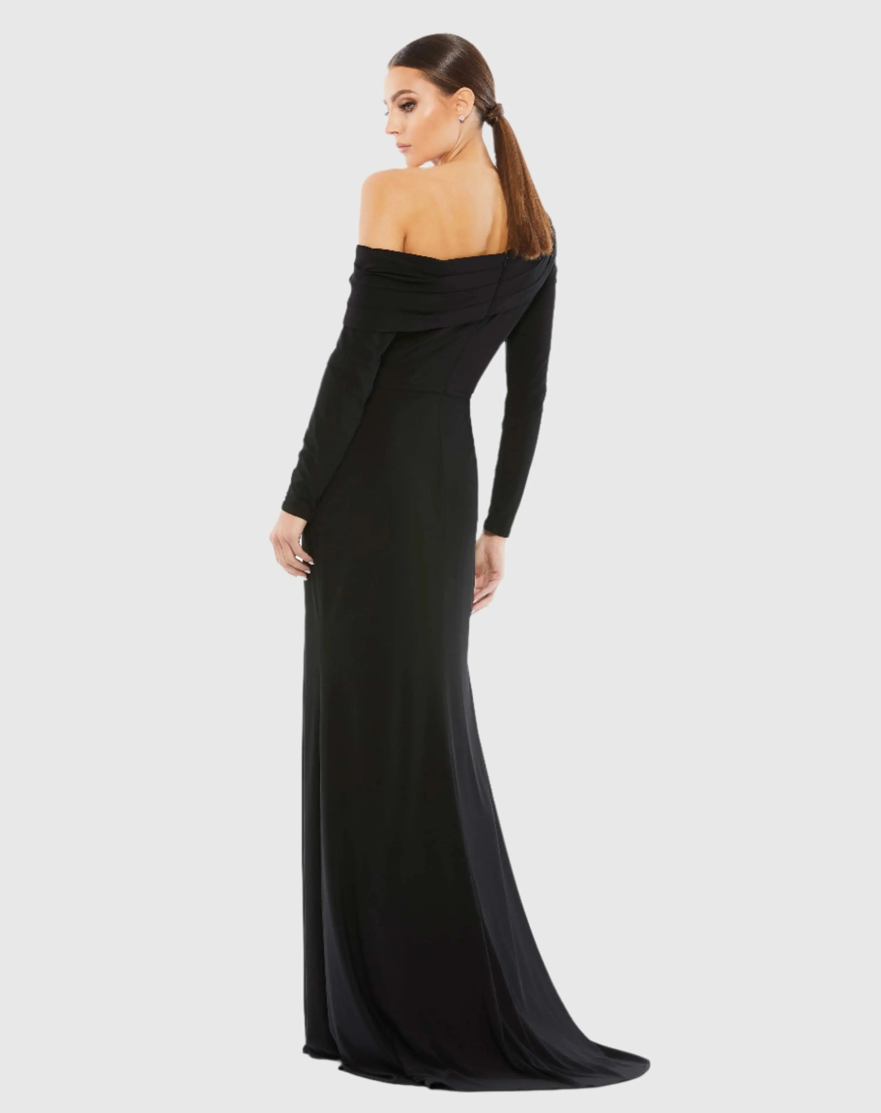 Black Drop Shoulder Long Sleeve Column Gown Ieena for Mac Duggal