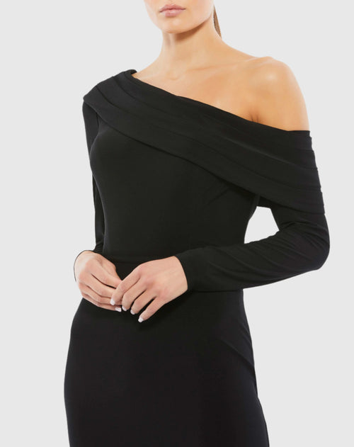 Black Drop Shoulder Long Sleeve Column Gown Ieena for Mac Duggal