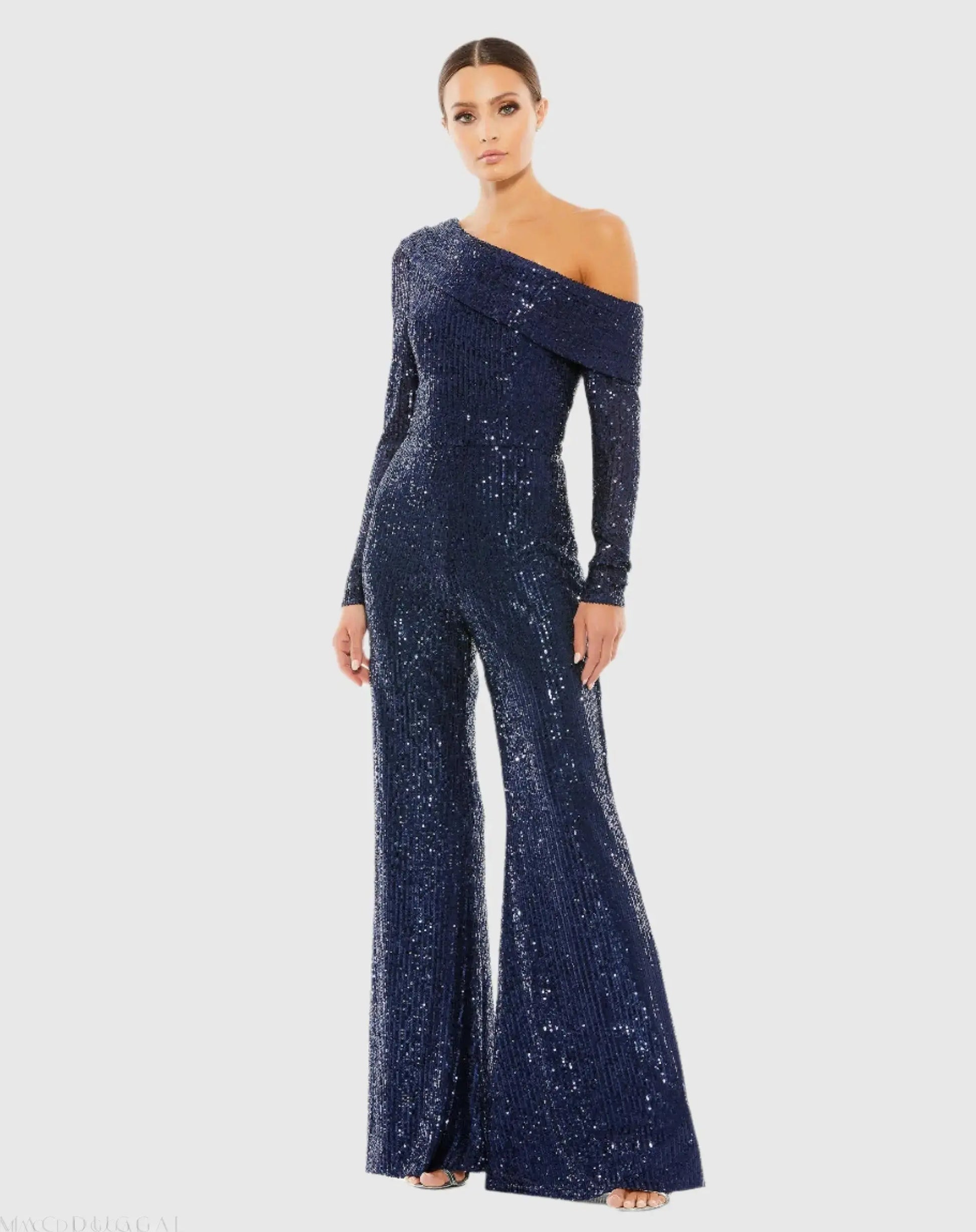 Blue Sequined Drop Shoulder Long Sleeve Jumpsuit - Ieena for Mac Duggal