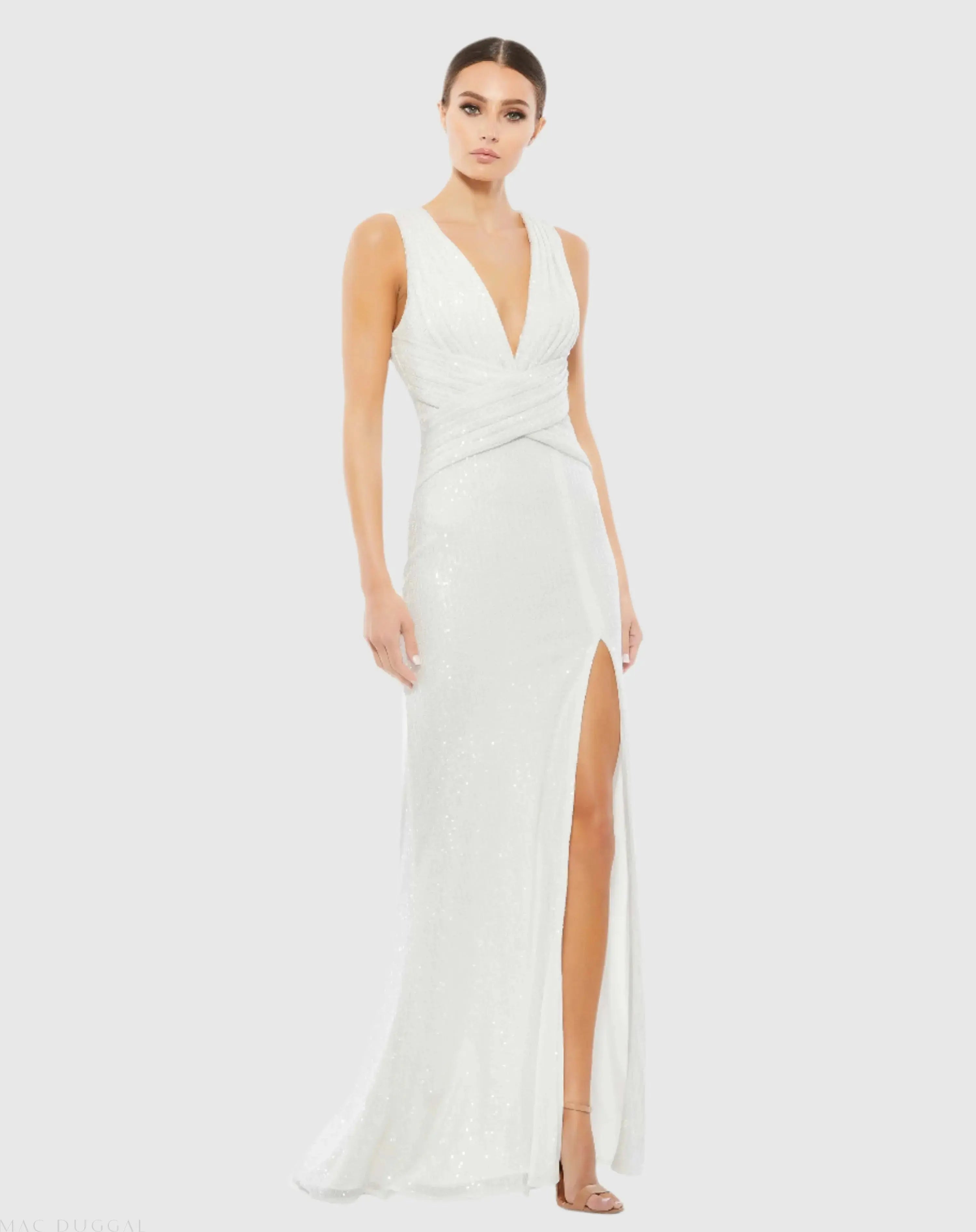 White V-Neck Sequin Wrap Waist Gown - Ieena for Mac Duggal