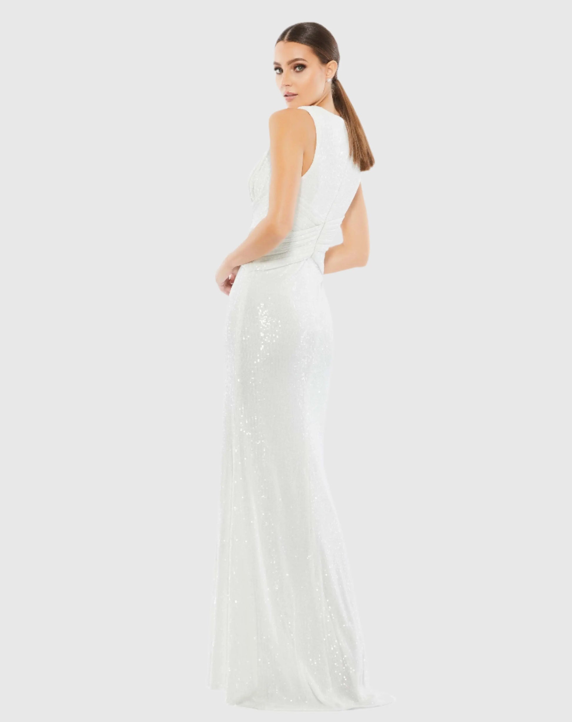 White V-Neck Sequin Wrap Waist Gown - Ieena for Mac Duggal