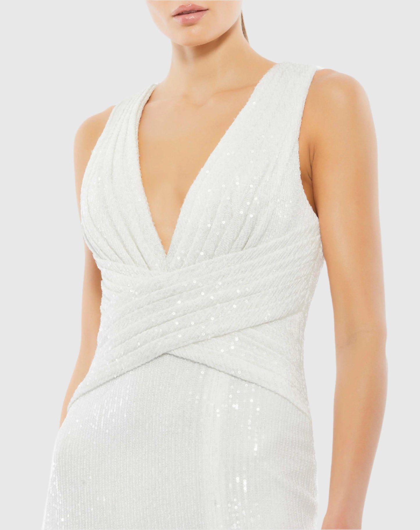 White V-Neck Sequin Wrap Waist Gown - Ieena for Mac Duggal