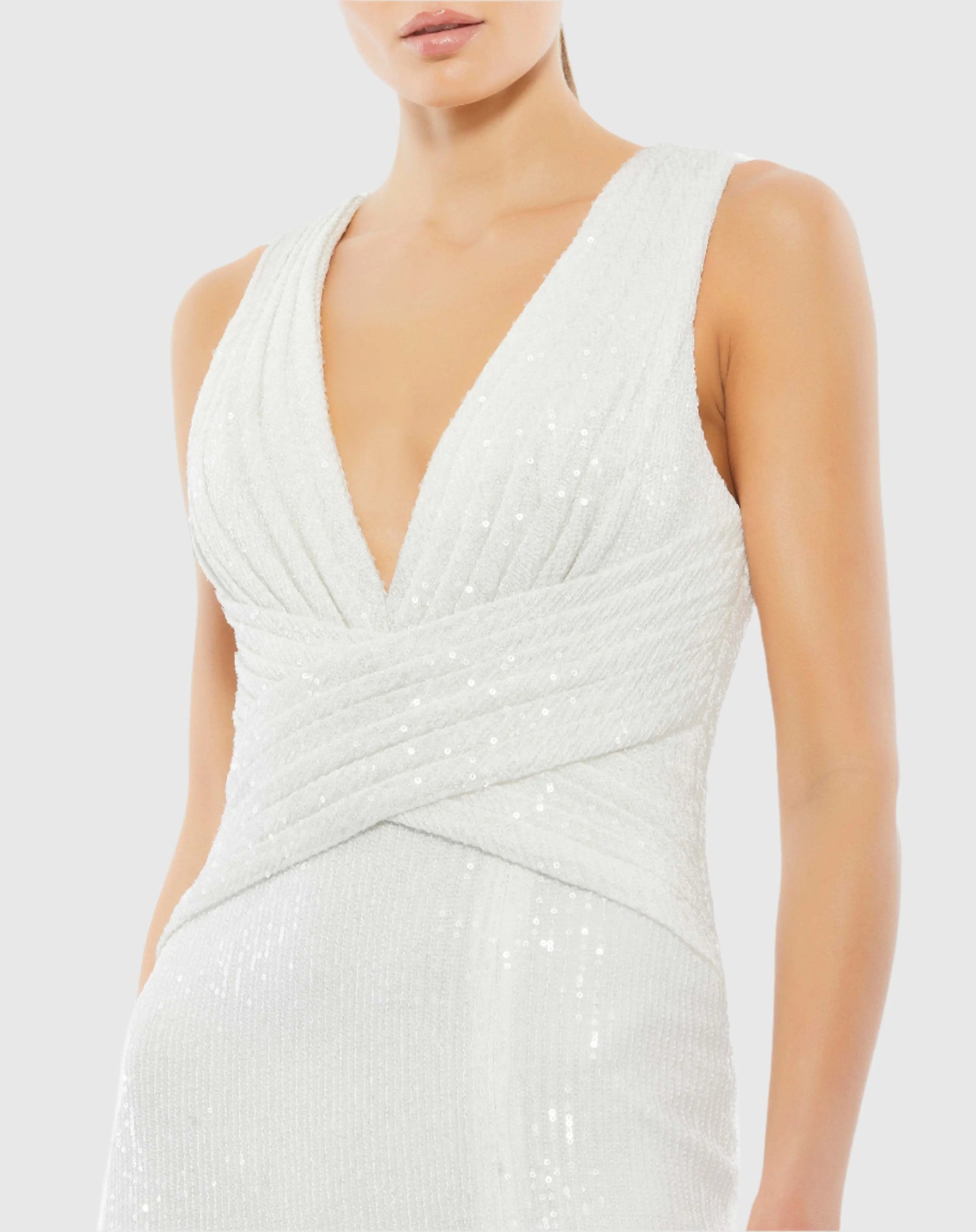White V-Neck Sequin Wrap Waist Gown - Ieena for Mac Duggal
