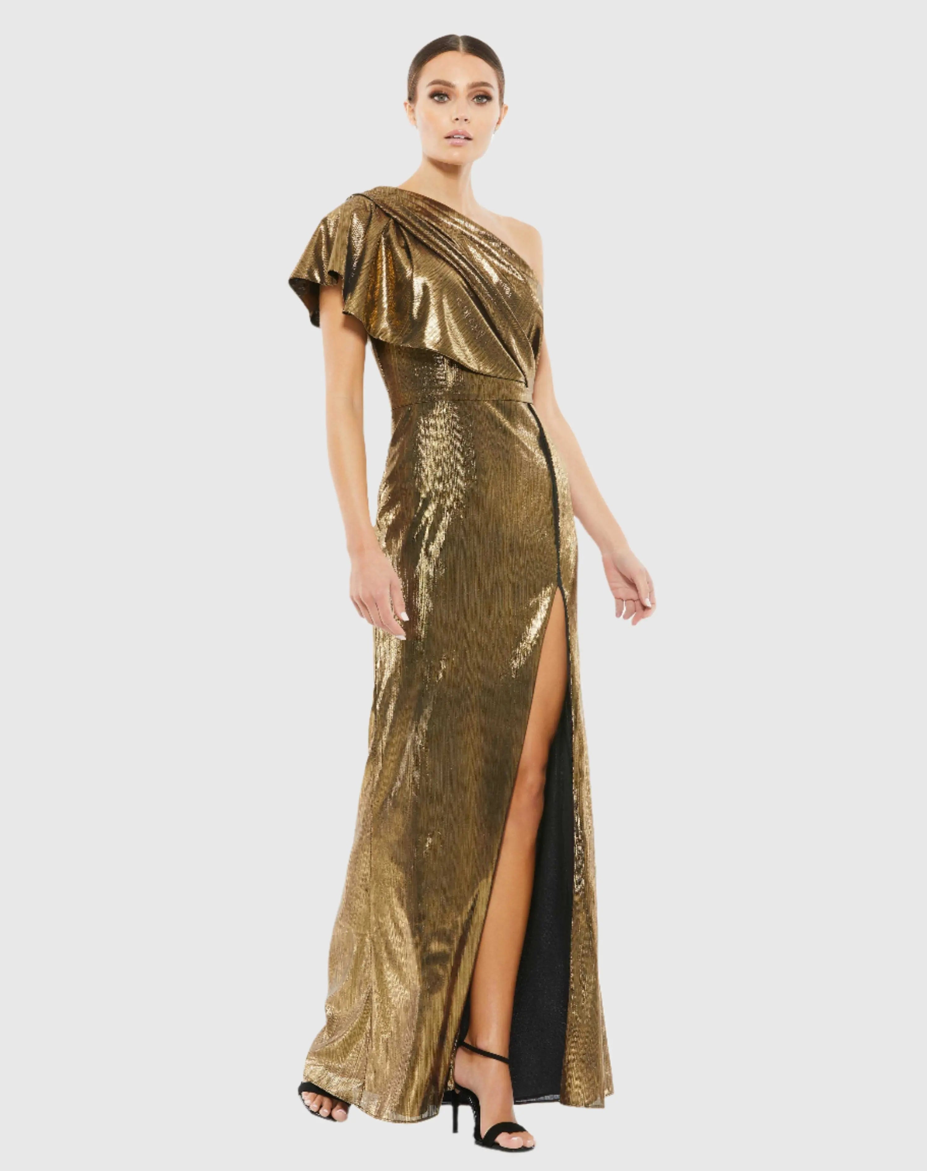 Gold Ruffled One Shoulder Metallic Evening Gown - Ieena for Mac Duggal