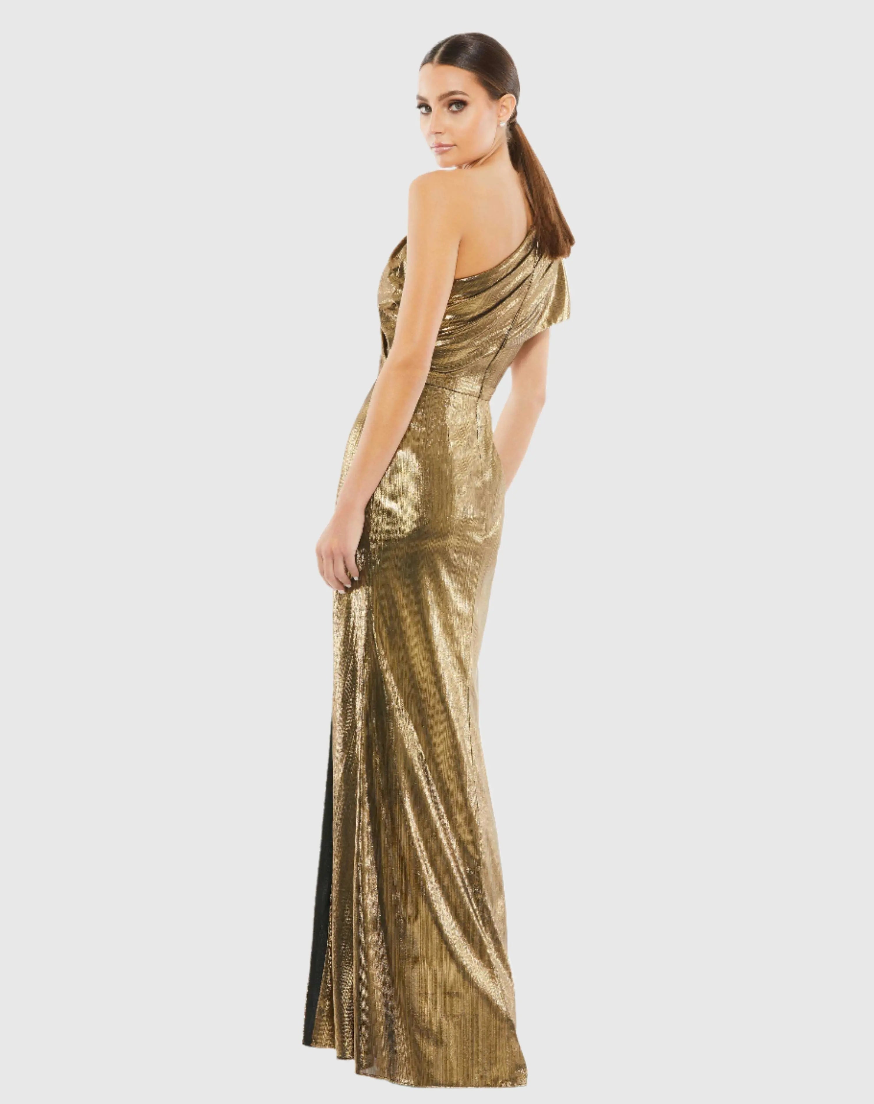 Gold Ruffled One Shoulder Metallic Evening Gown - Ieena for Mac Duggal