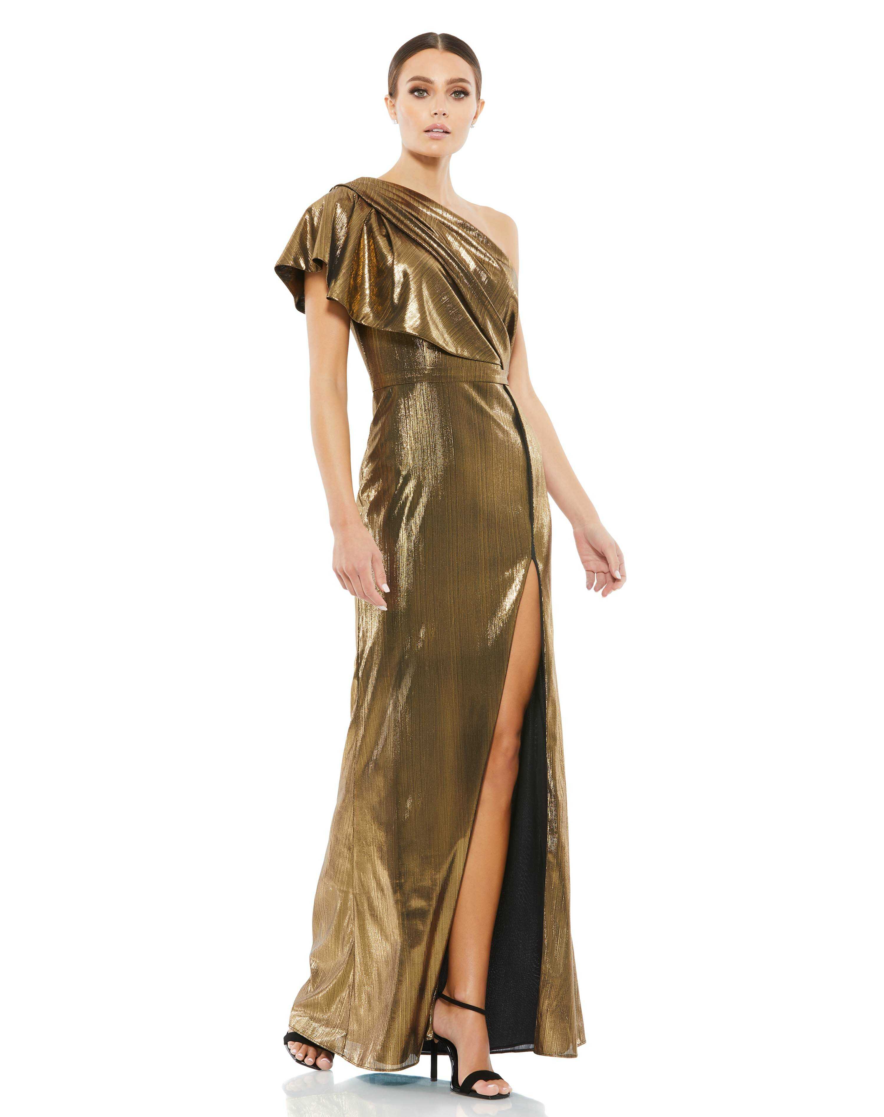 Ruffled One Shoulder Metallic Evening Gown
