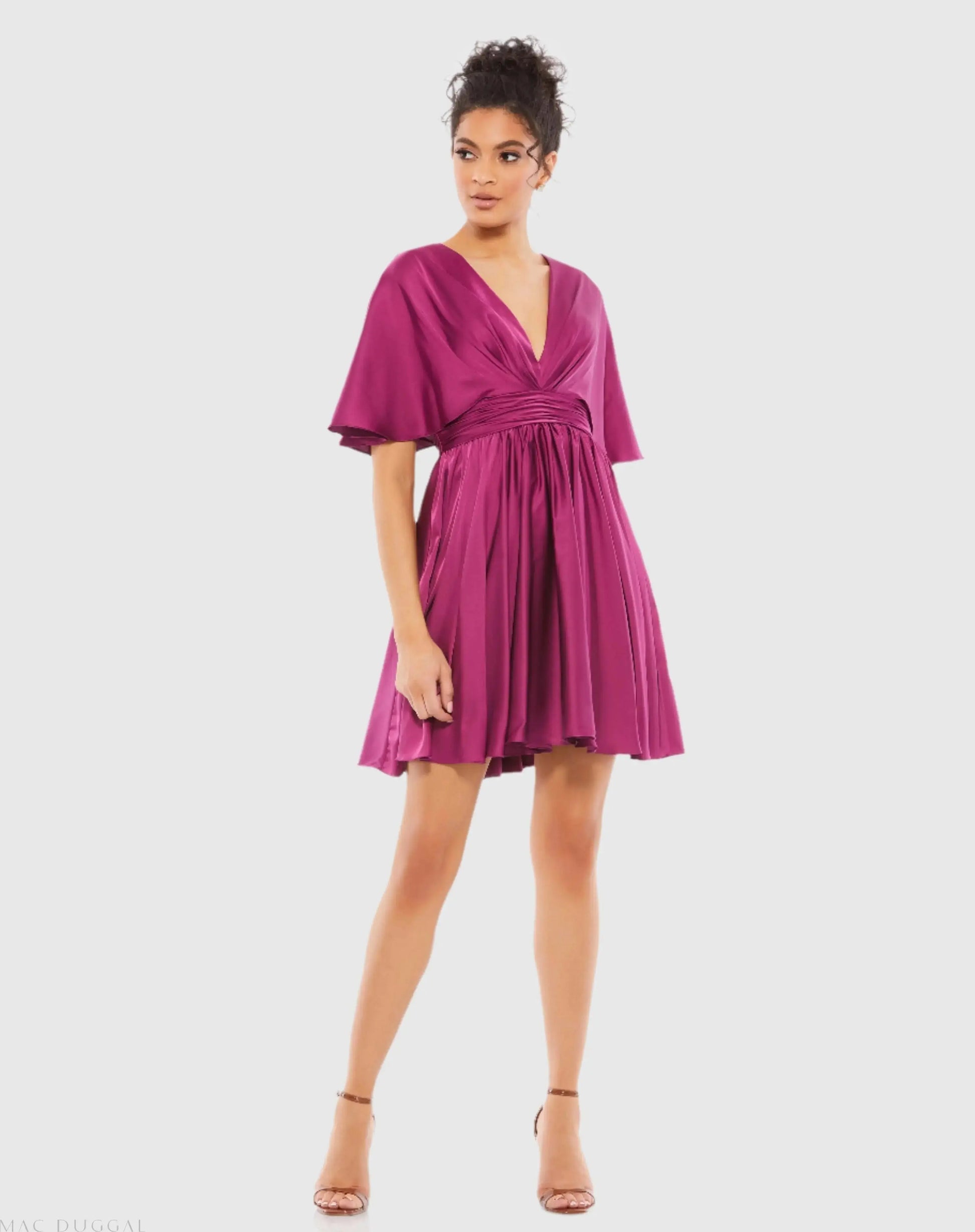 Purple Satin Flowy Cape Sleeve Mini Dress - FINAL SALE - Ieena for Mac Duggal