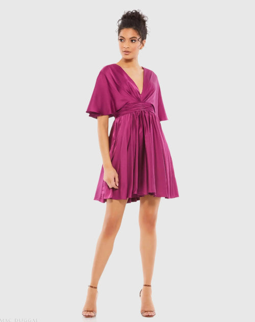 Purple Satin Flowy Cape Sleeve Mini Dress - FINAL SALE - Ieena for Mac Duggal