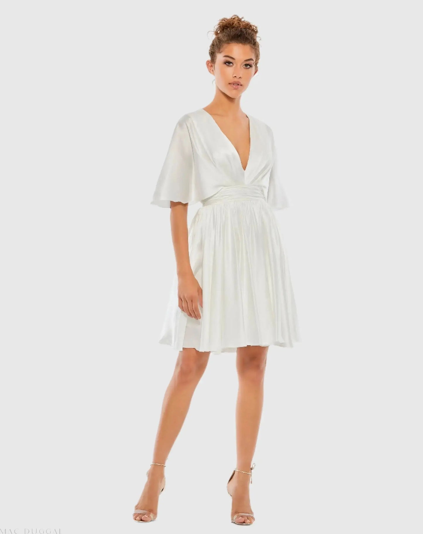 Satin Flowy Cape Sleeve Mini Dress - FINAL SALE - Mac Duggal Satin Flowy Cape Sleeve Mini Dress - FINAL SALE - Mac Duggal
