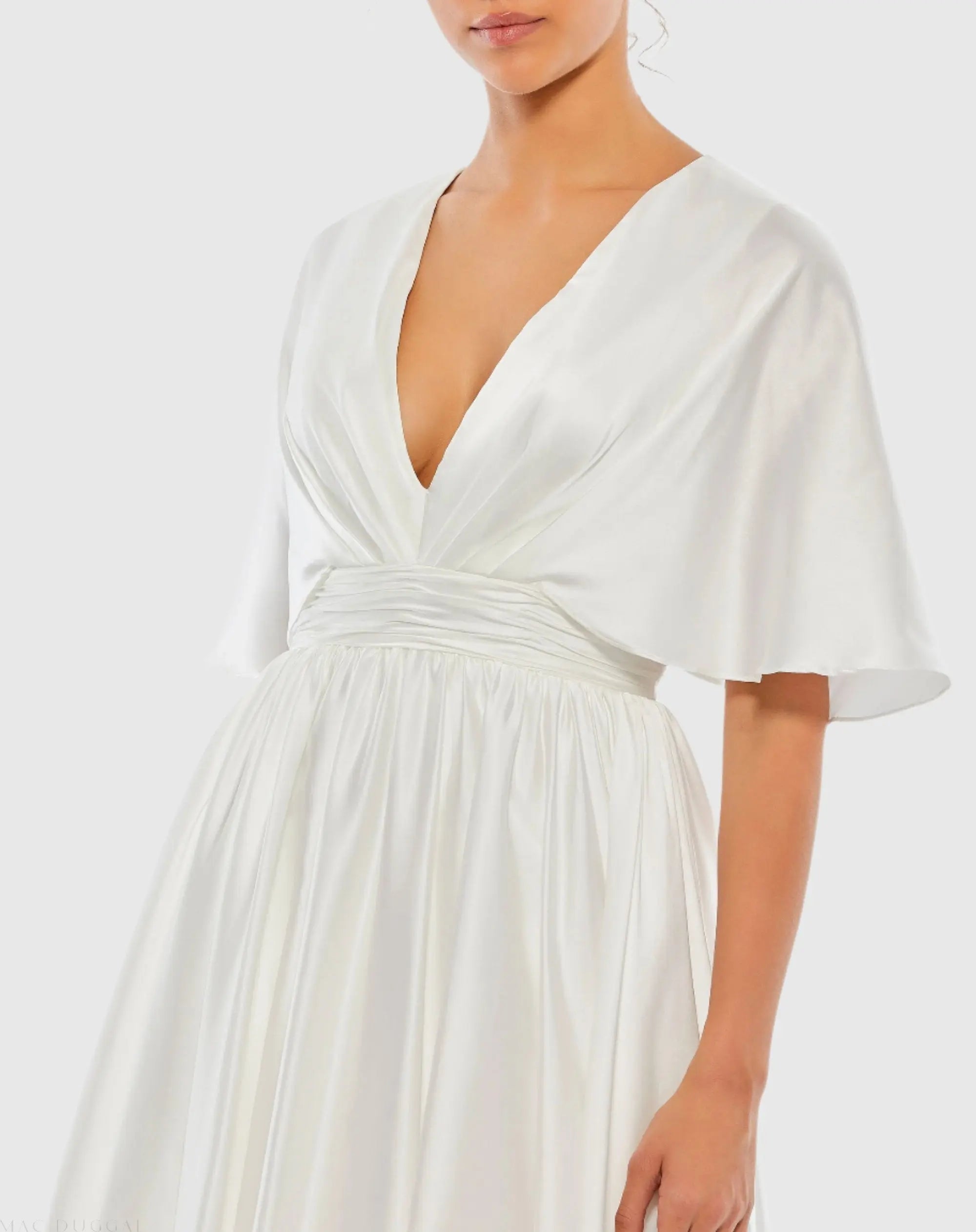 White Satin Flowy Cape Sleeve Mini Dress - FINAL SALE - Mac Duggal