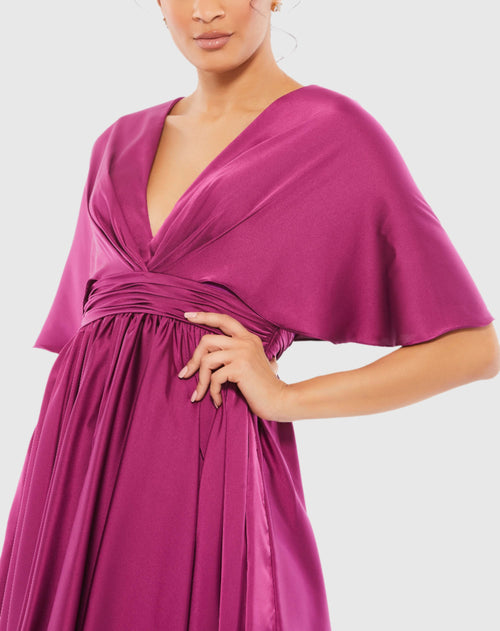 Satin Flowy Cape Sleeve Mini Dress