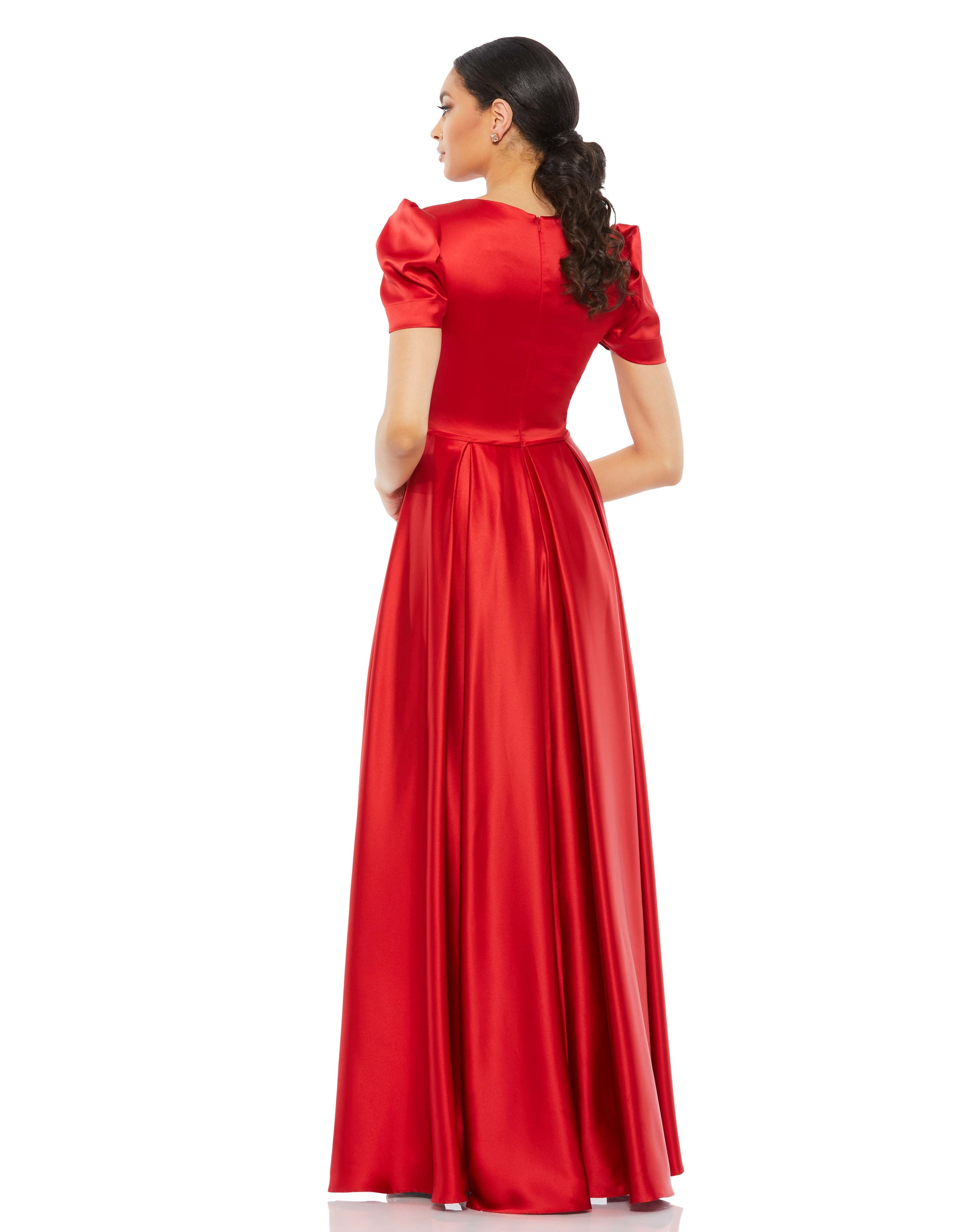 Puff Sleeve V-Neck Satin Gown