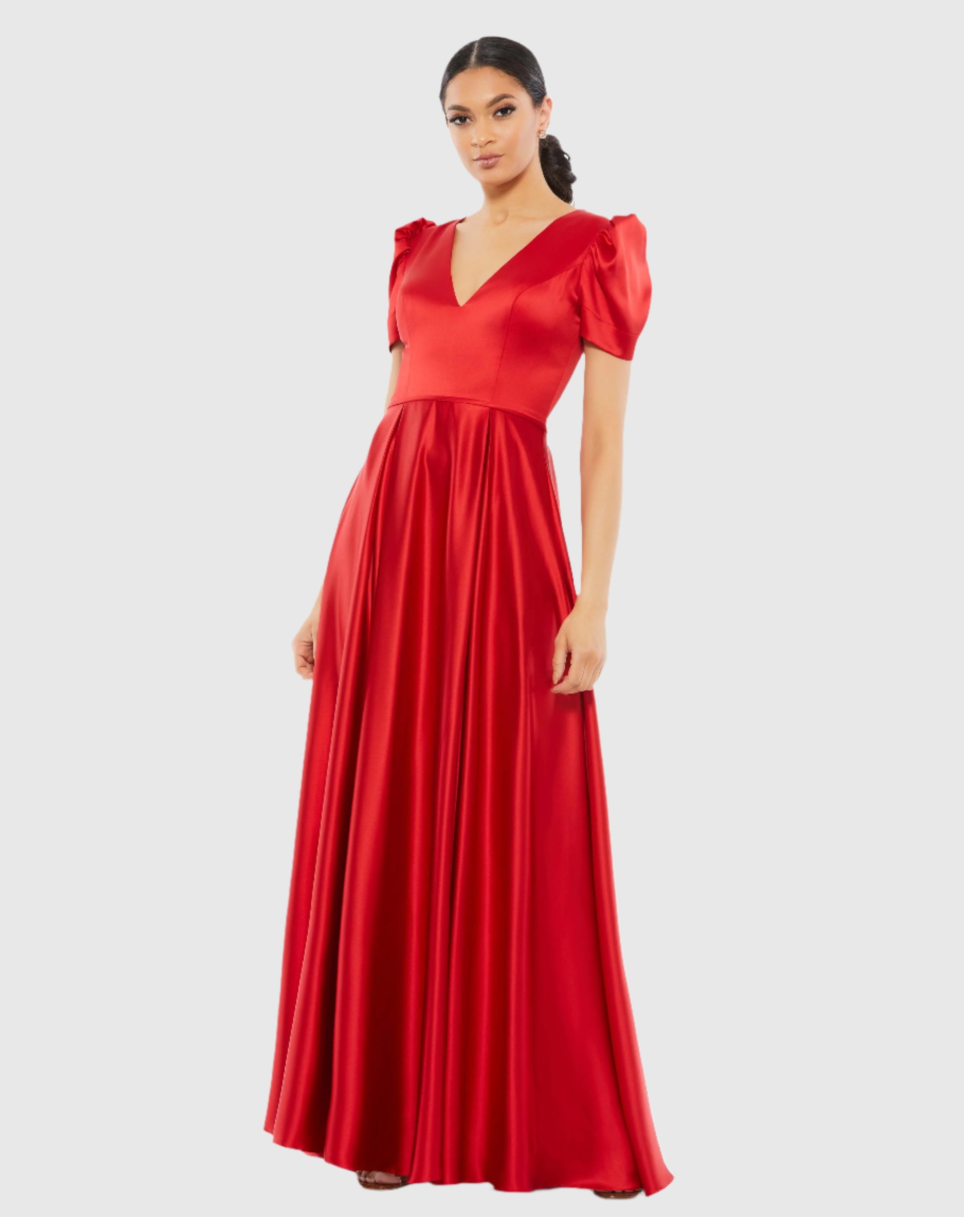 Puff Sleeve V-Neck Satin Gown