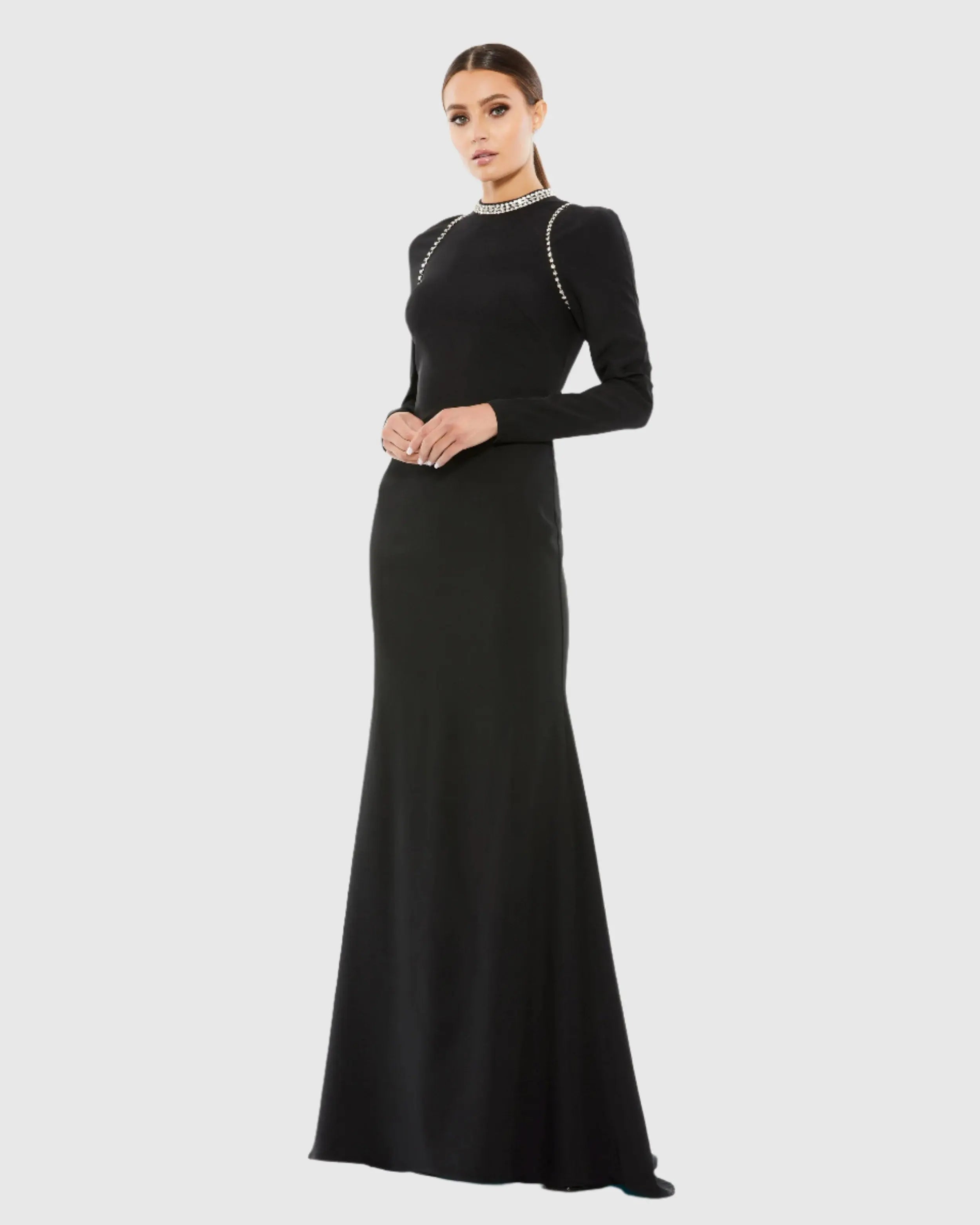 Black Raglan Long Sleeve High Neck Gown - Mac Duggal