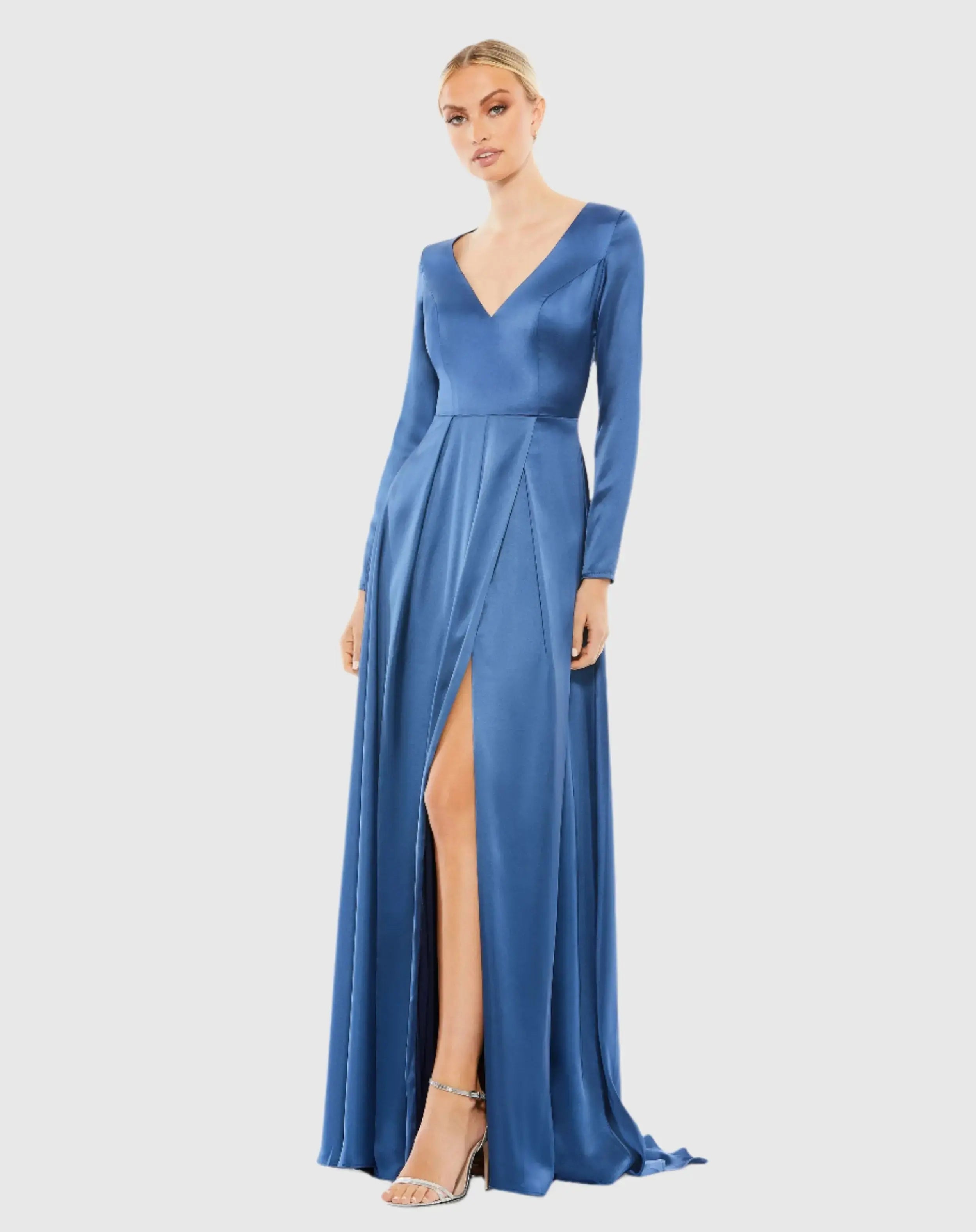 Blue Satin V Neck Long Sleeve Pleated Gown - FINAL SALE - Mac Duggal