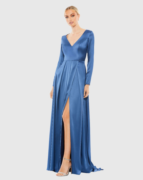 Satin V Neck Long Sleeve Pleated Gown