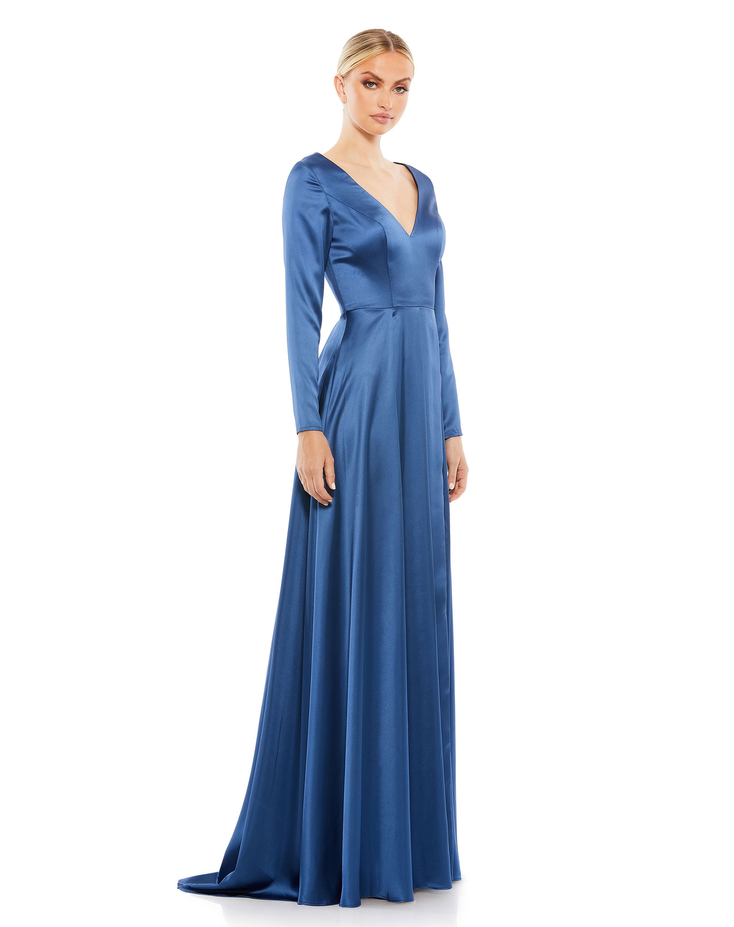 Satin V Neck Long Sleeve Pleated Gown