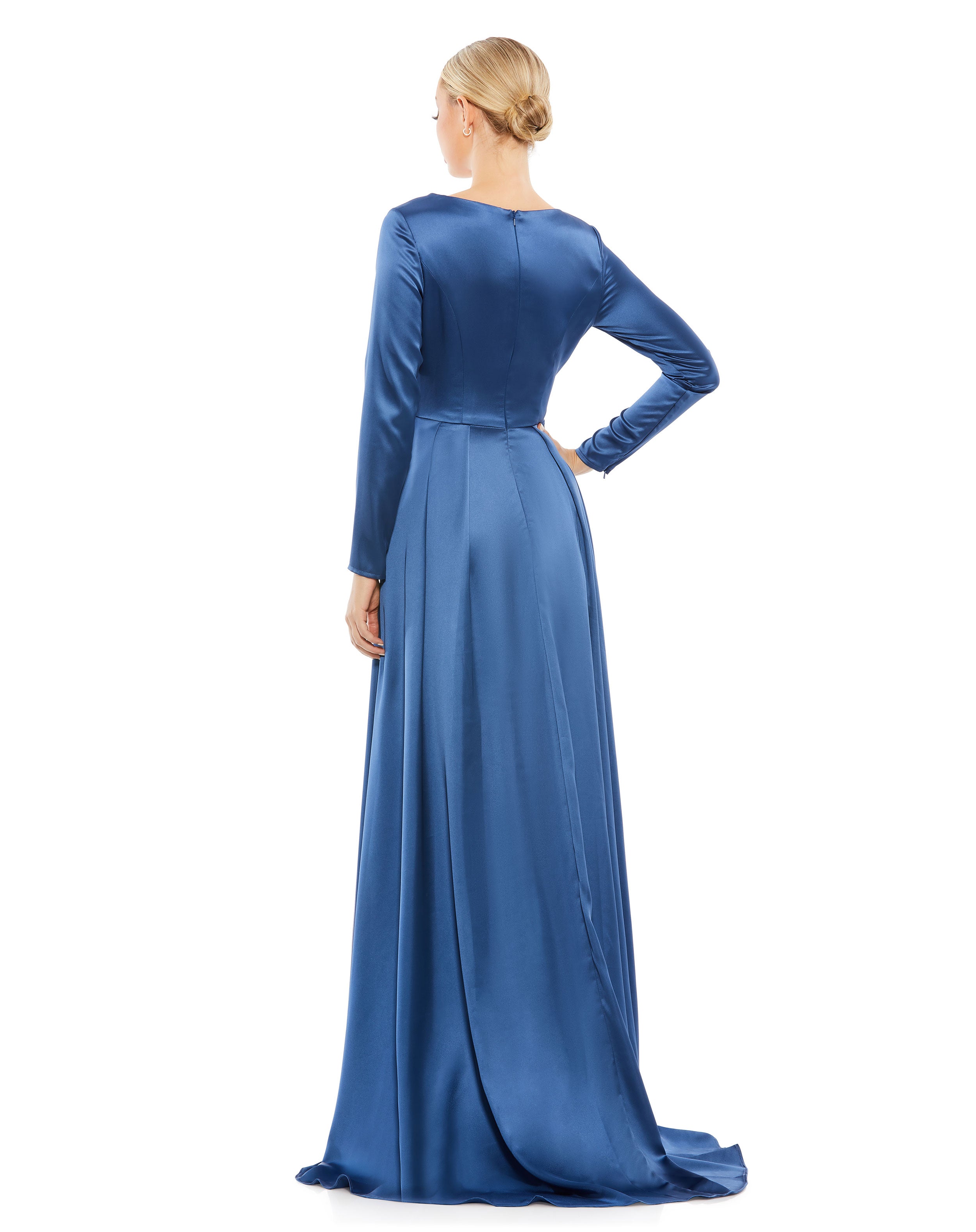 Satin V Neck Long Sleeve Pleated Gown