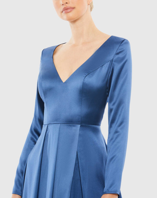 Satin V Neck Long Sleeve Pleated Gown