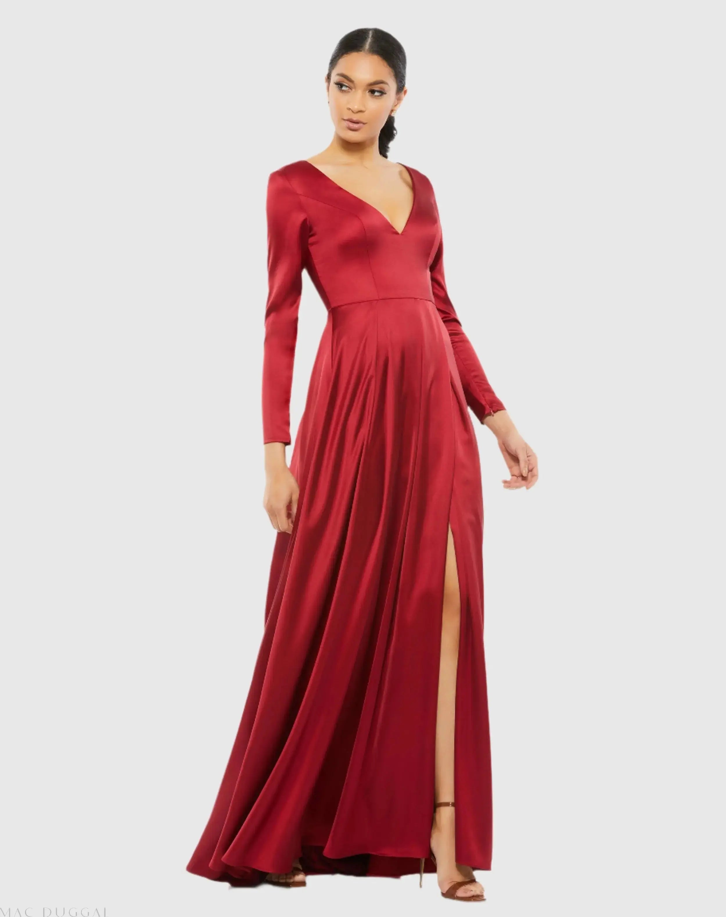 Satin V Neck Long Sleeve Pleated Gown - FINAL SALE - Mac Duggal