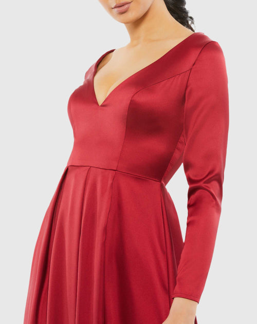 Red Satin V Neck Long Sleeve Pleated Gown - FINAL SALE