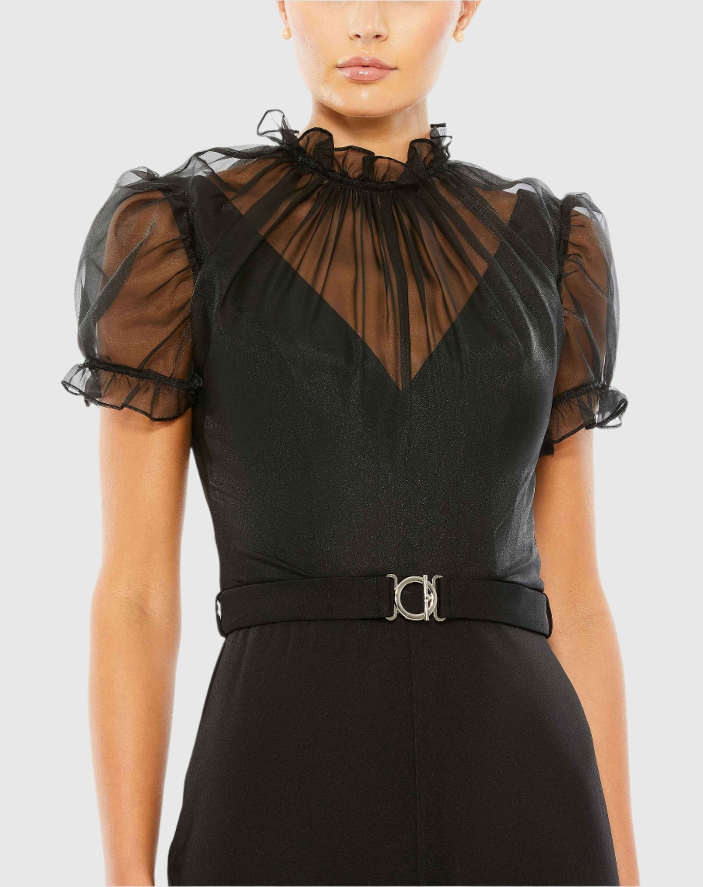 Belted Illusion High Neck Cap Sleeve Jumpsuit