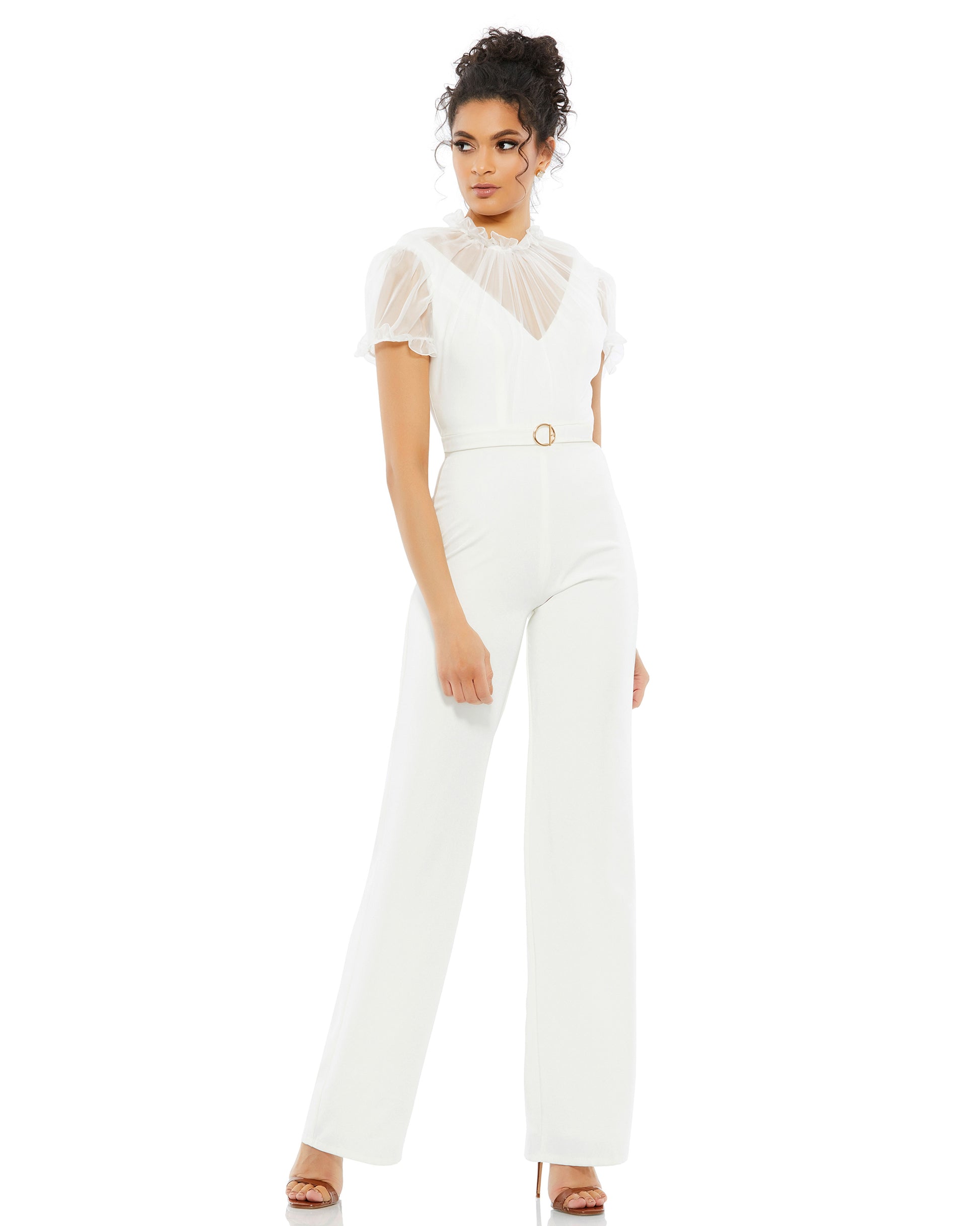 Belted Illusion High Neck Cap Sleeve Jumpsuit