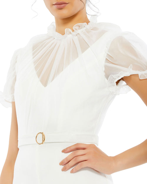 White Belted Illusion High Neck Cap Sleeve Jumpsuit