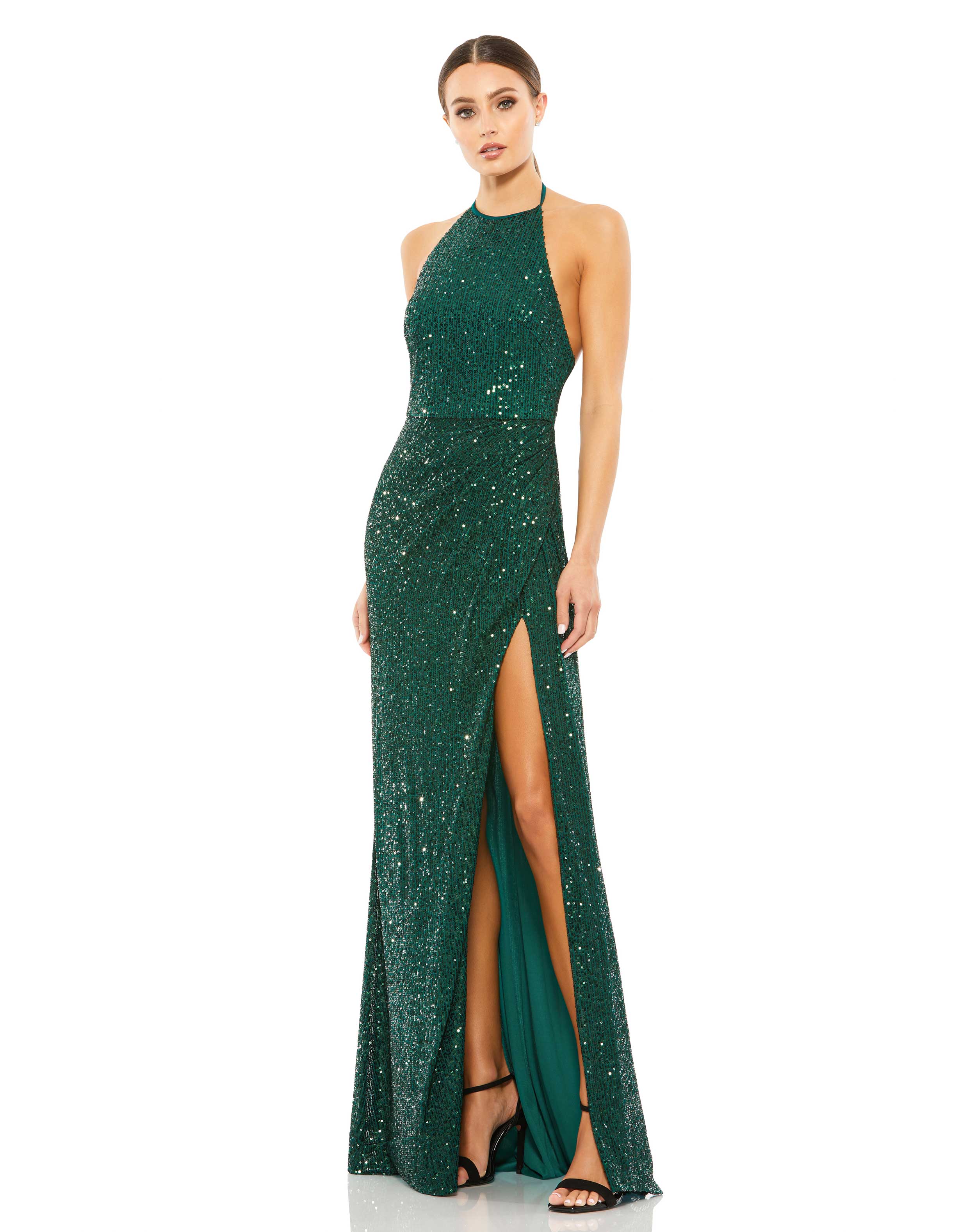 Sequined Halter Open Back Gown
