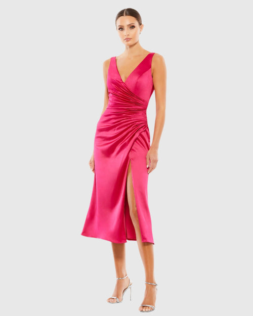 Pink Satin Ruched V-Neck Faux Wrap Midi Dress