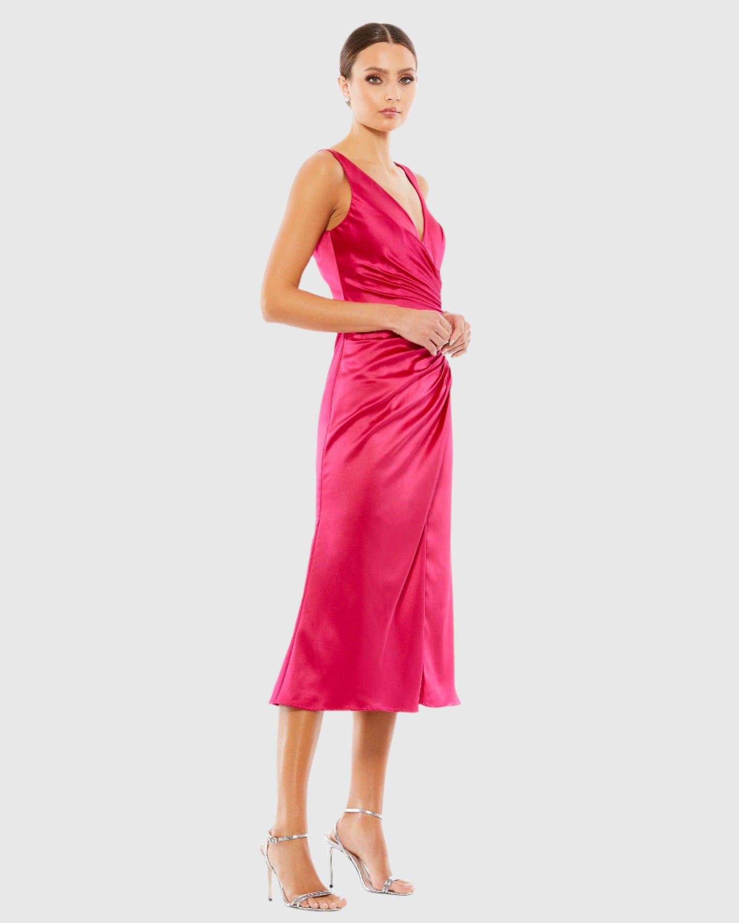 Satin Ruched V-Neck Faux Wrap Midi Dress