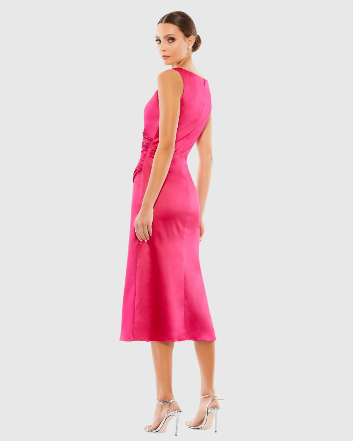 Satin Ruched V-Neck Faux Wrap Midi Dress