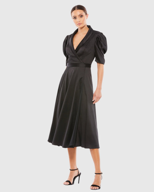 Satin Lapel Puff Sleeve Tea Length Dress