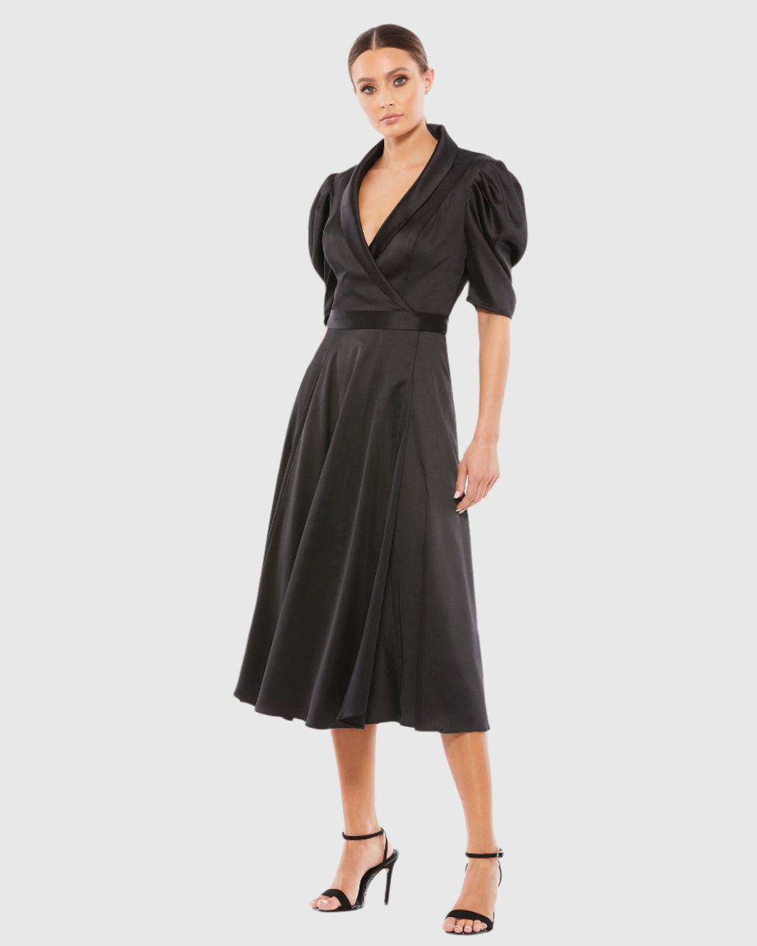 Satin Lapel Puff Sleeve Tea Length Dress