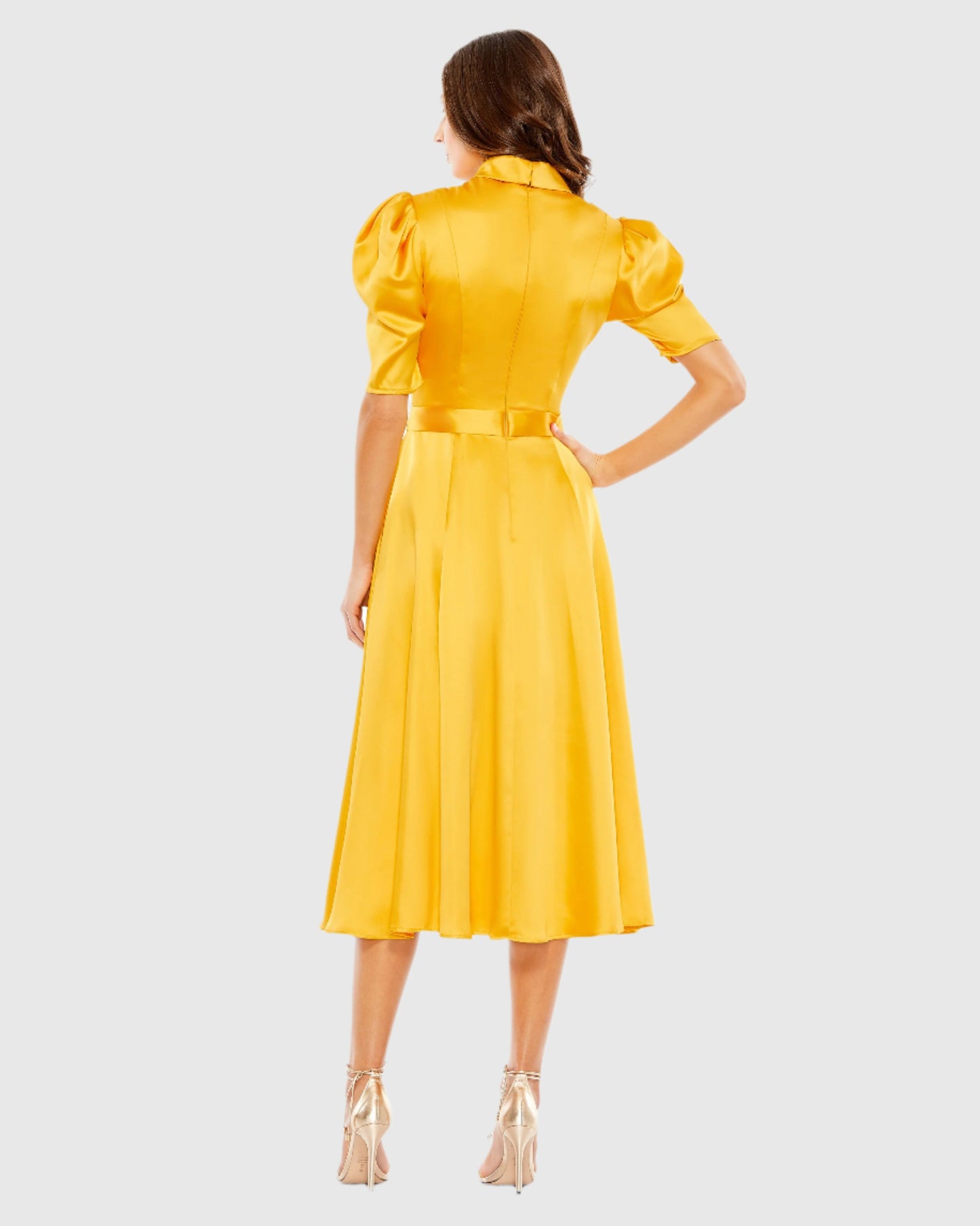 Yellow Satin Lapel Puff Sleeve Tea Length Dress