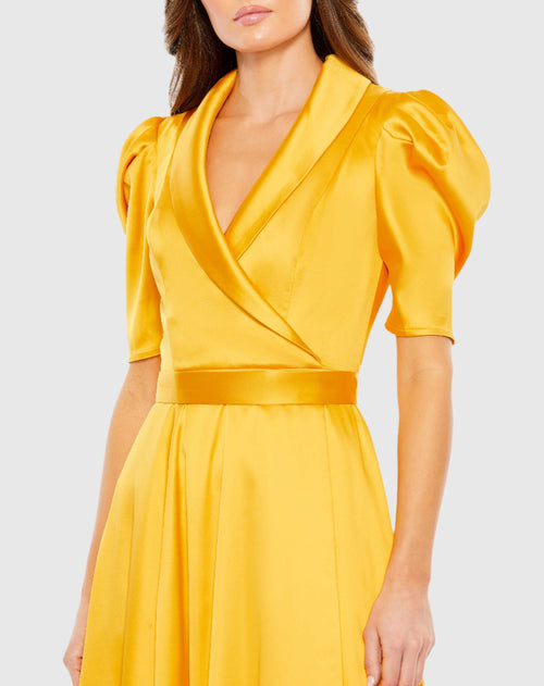 Yellow Satin Lapel Puff Sleeve Tea Length Dress