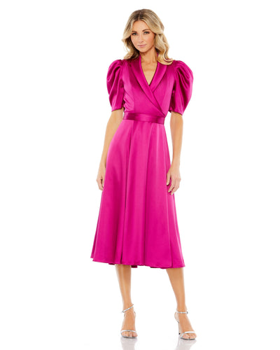 Satin Lapel Puff Sleeve Tea Length Dress – Mac Duggal