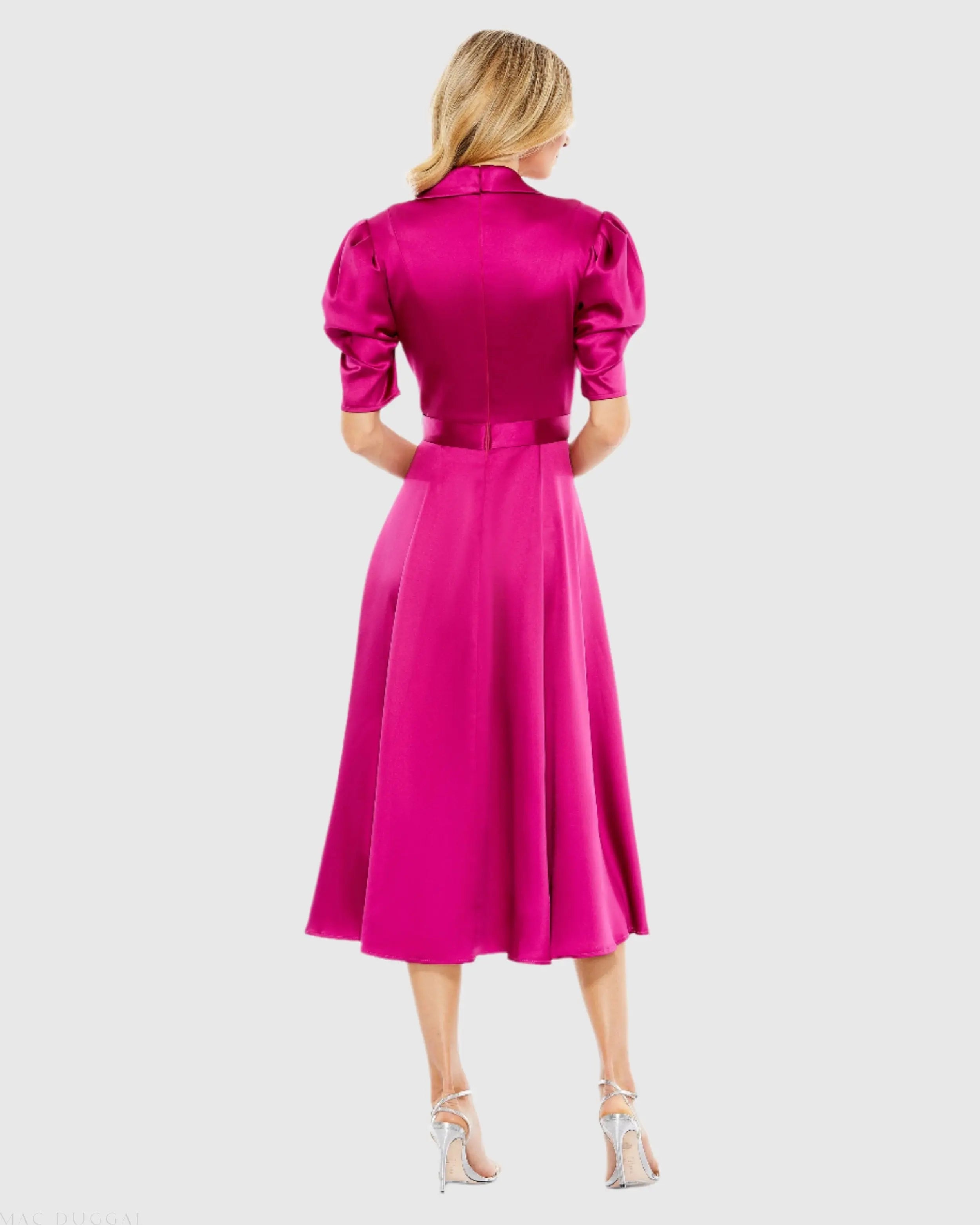 Hot Pink Satin Lapel Puff Sleeve Tea Length Dress - Mac Duggal